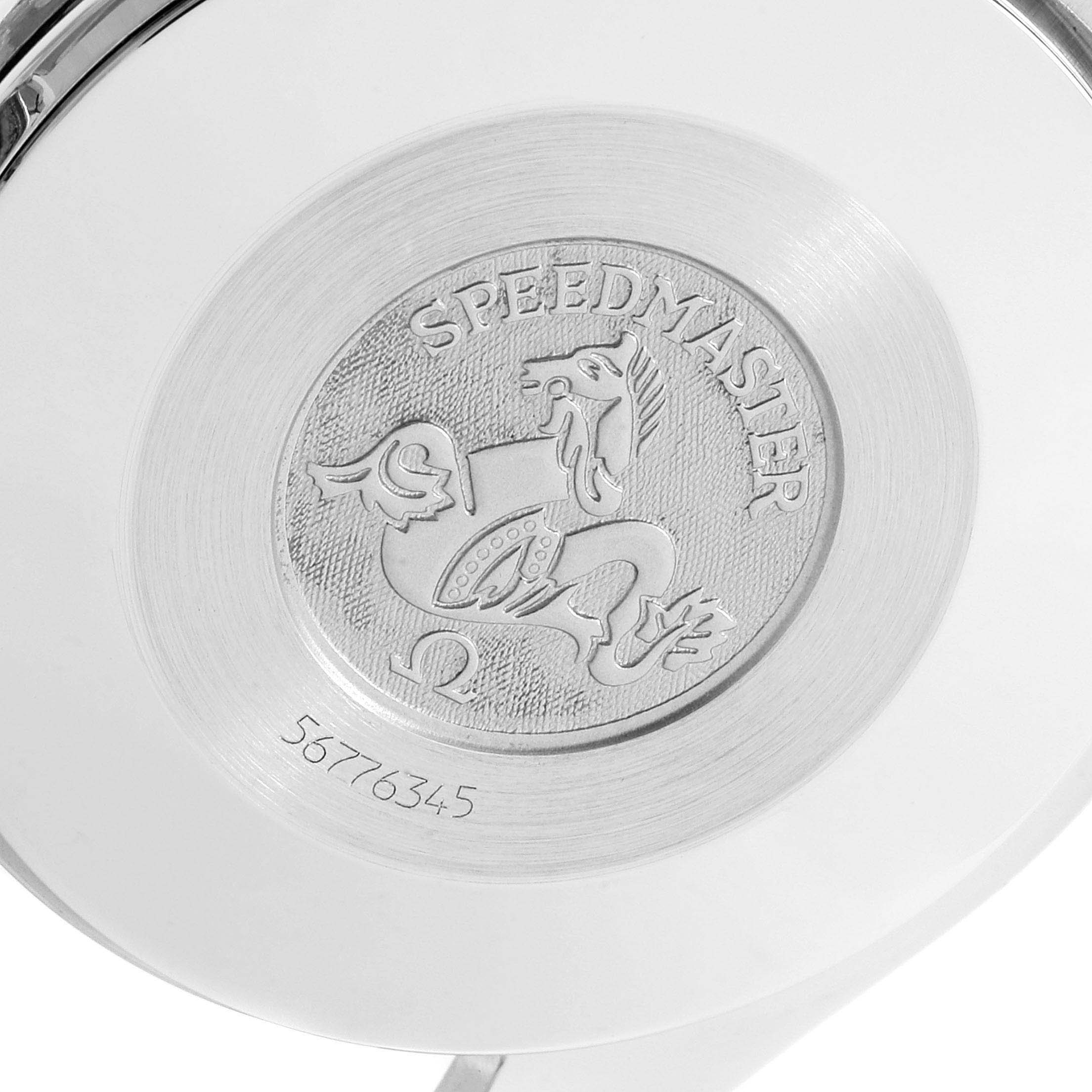 This image shows the case back of an Omega Speedmaster 3510.61.00 Men
s Stainless Steel Red Dial 3510.61.00 Men
s Stainless Steel Red Dial watch, featuring an engraved logo and serial number.