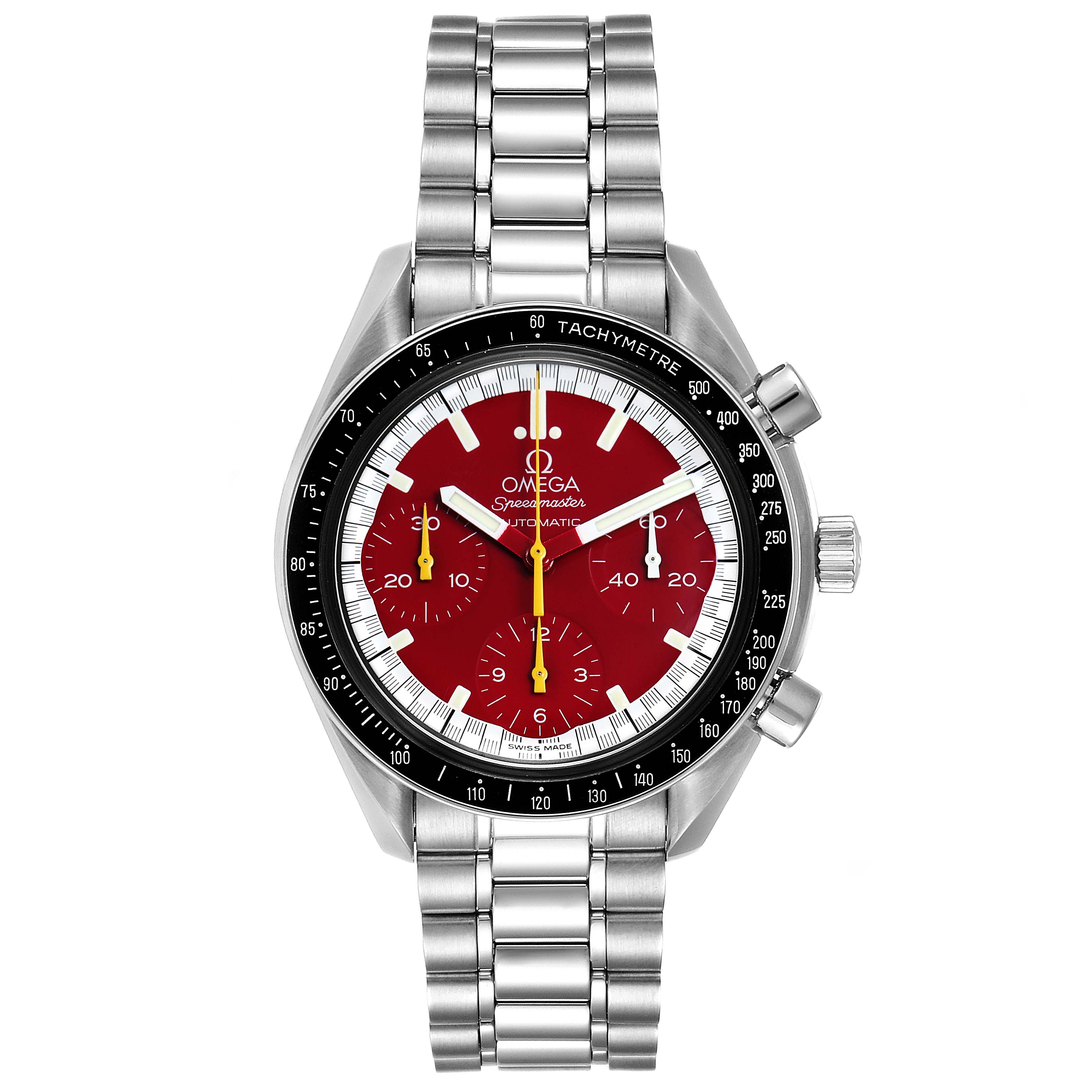 This Omega Speedmaster 3510.61.00 Men
s Stainless Steel Red Dial 3510.61.00 Men
s Stainless Steel Red Dial watch is shown from the front, highlighting the face, bezel, and stainless steel bracelet.