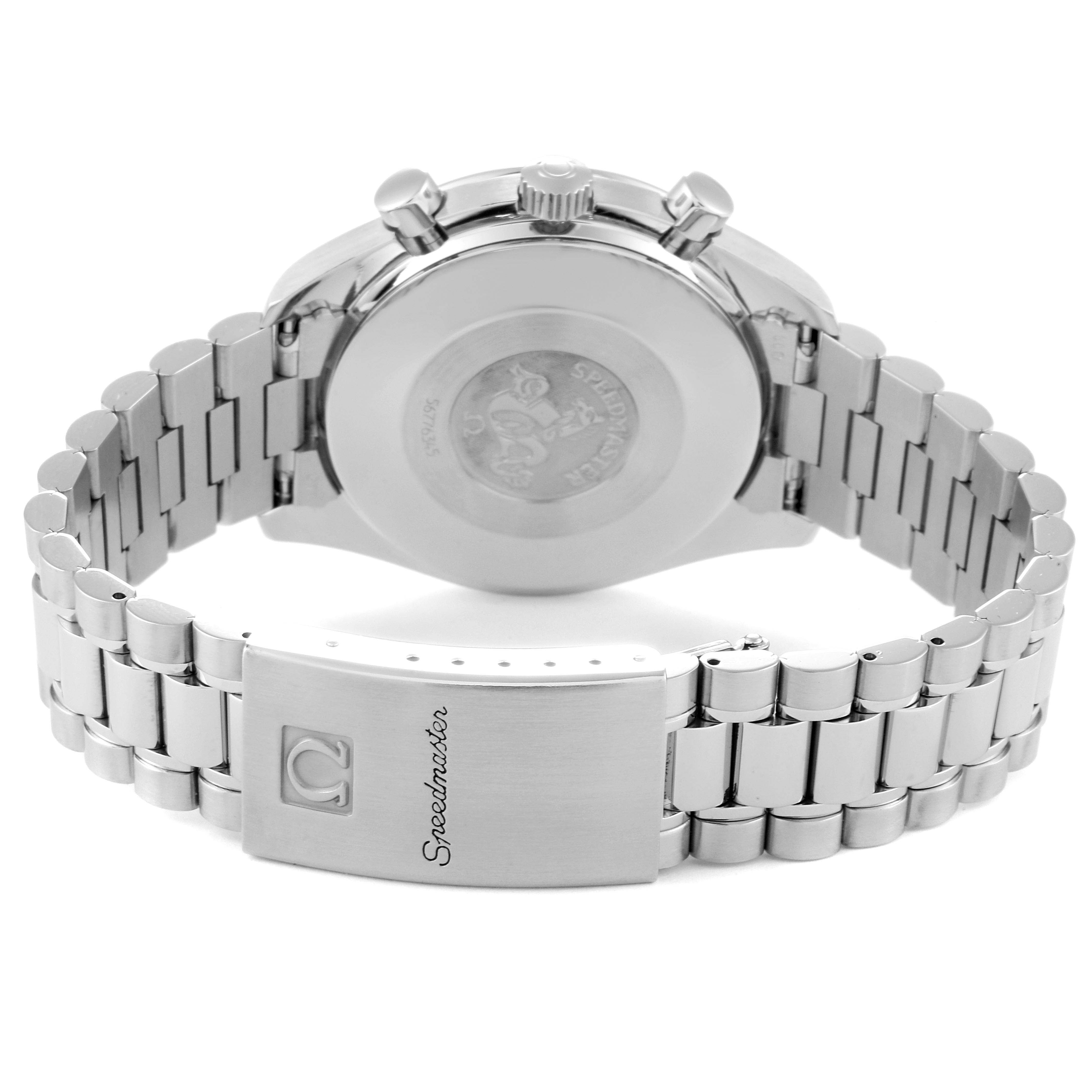 The image shows the back view of an Omega Speedmaster 3510.61.00 Men
s Stainless Steel Red Dial 3510.61.00 Men
s Stainless Steel Red Dial watch, focusing on the case back, crown, and bracelet clasp.