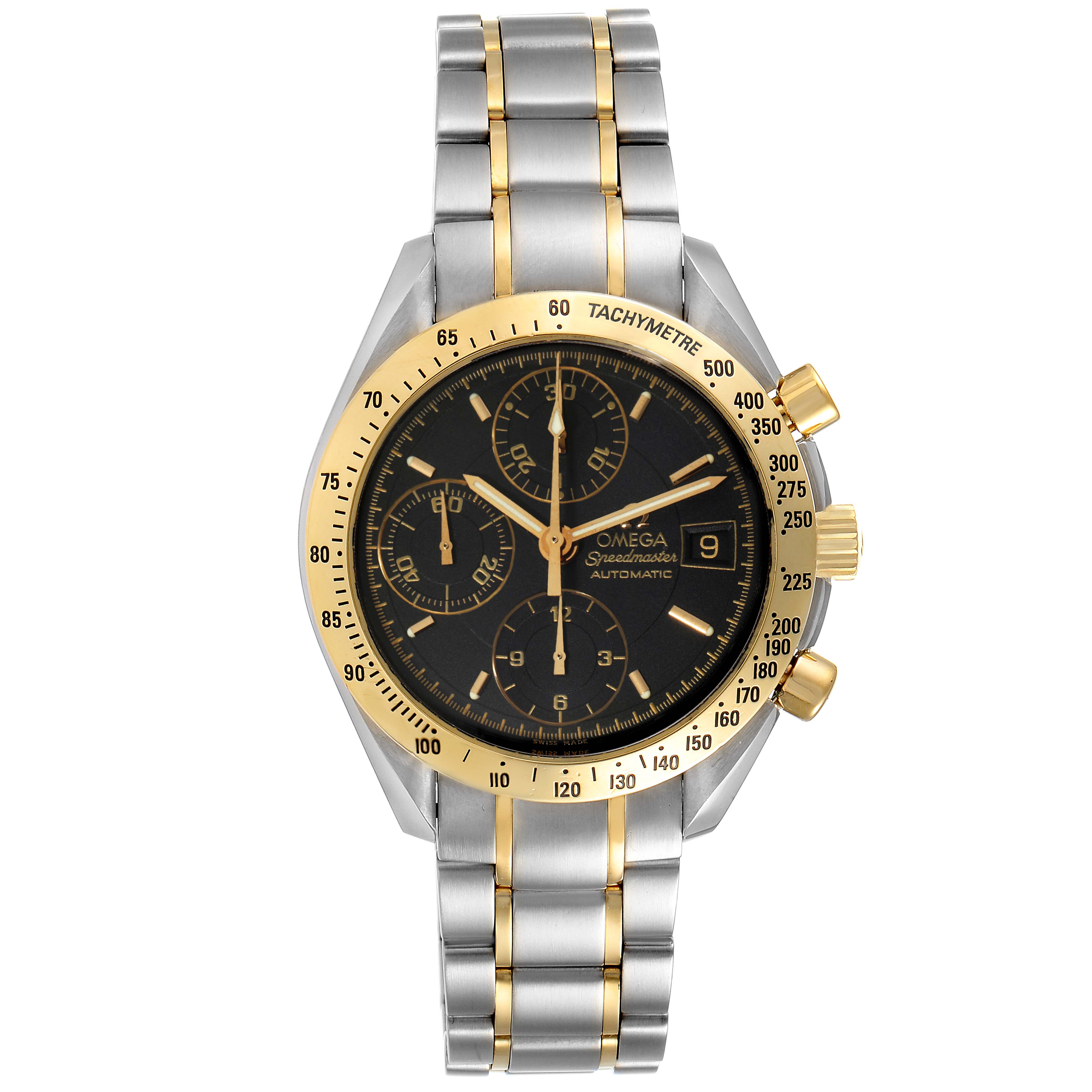 The Omega Speedmaster 3313.50.00 Men's Steel and Gold (two tone) Black Dial 3313.50.00 Men's Steel and Gold (two tone) Black Dial watch is shown from a front angle, displaying its face, bezel, chronograph dials, pushers, and bracelet.