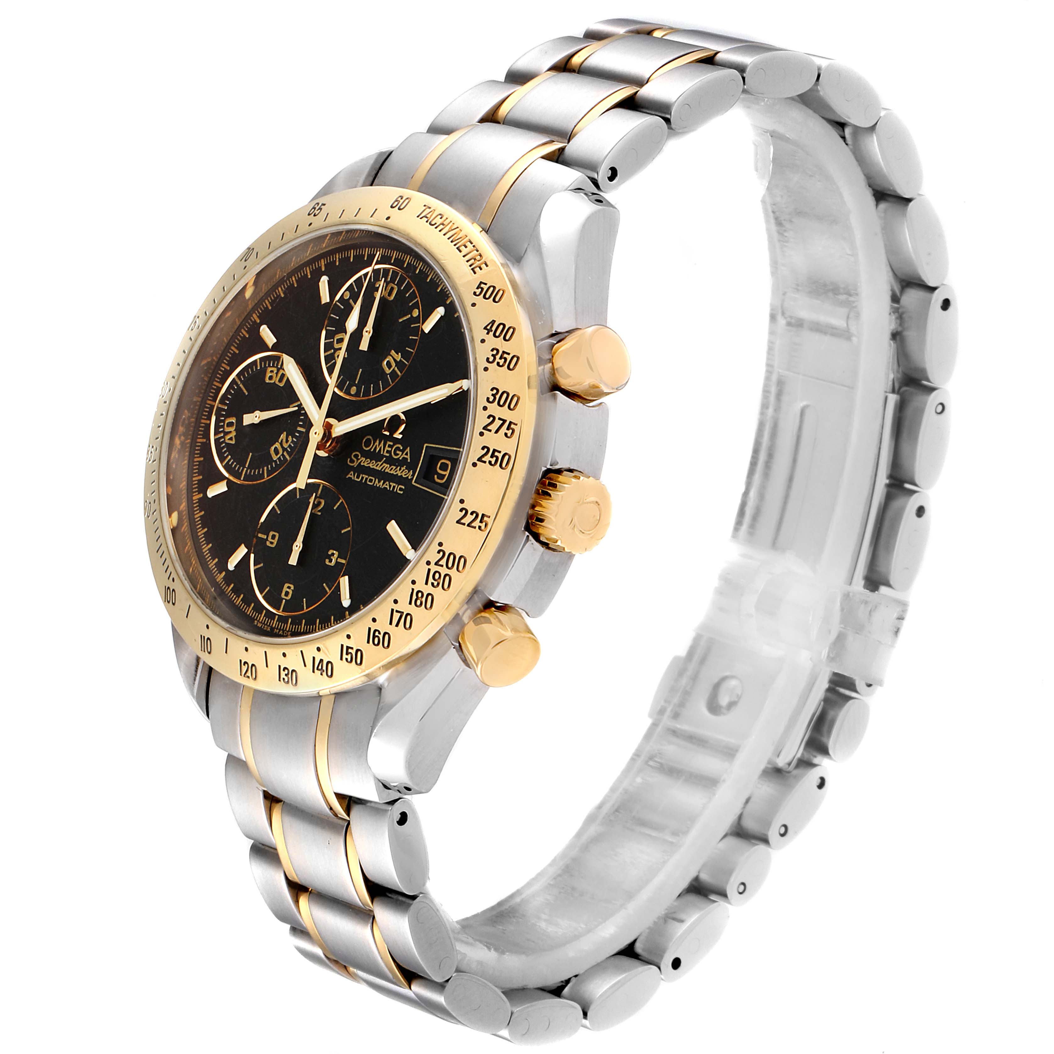 The Omega Speedmaster 3313.50.00 Men
s Steel and Gold (two tone) Black Dial 3313.50.00 Men
s Steel and Gold (two tone) Black Dial watch is shown at a slight angle highlighting the face, bezel, and part of the bracelet.