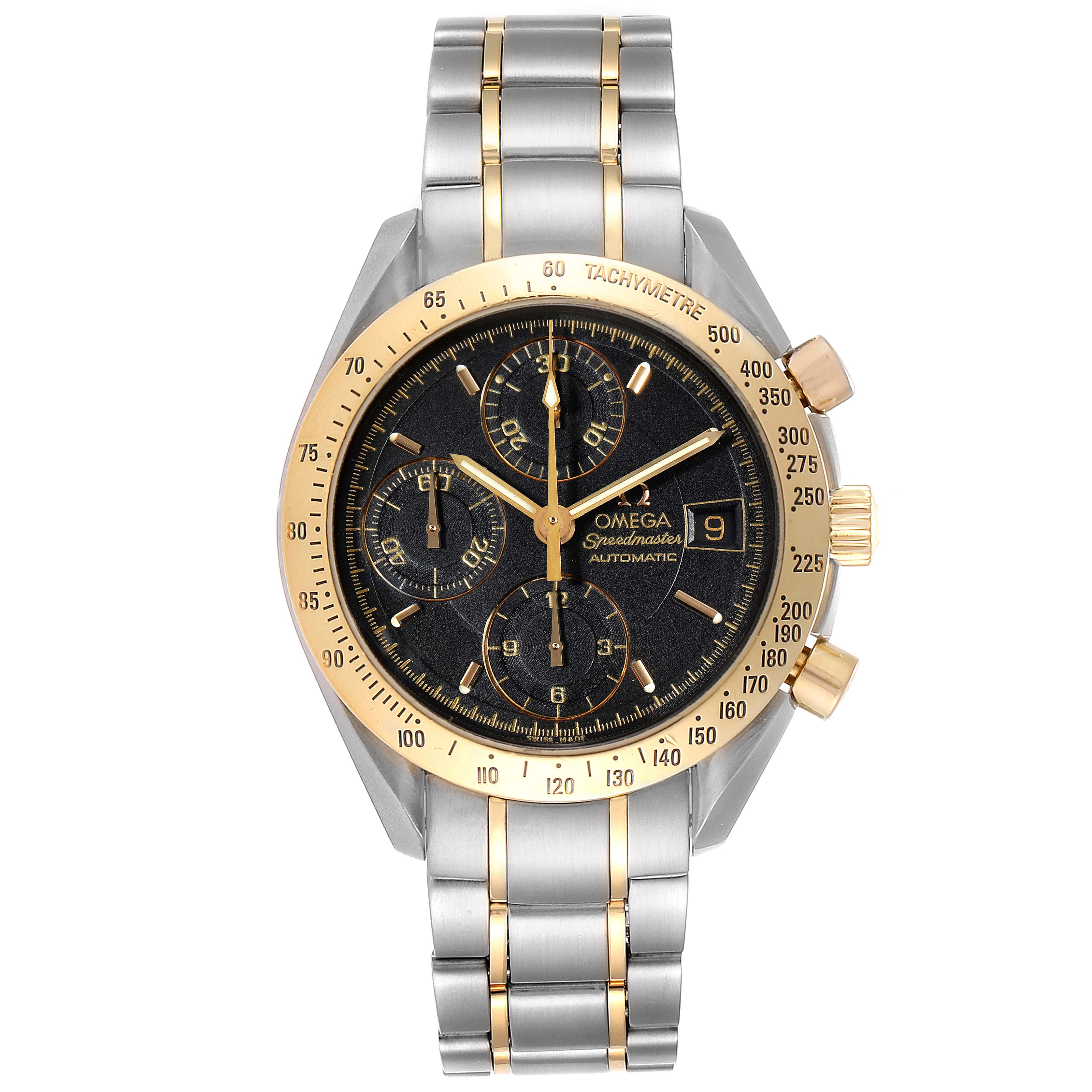 The image shows a front view of the Omega Speedmaster 3313.50.00 Men
s Steel and Gold (two tone) Black Dial 3313.50.00 Men
s Steel and Gold (two tone) Black Dial watch, including the dial, bezel, pushers, and bracelet.