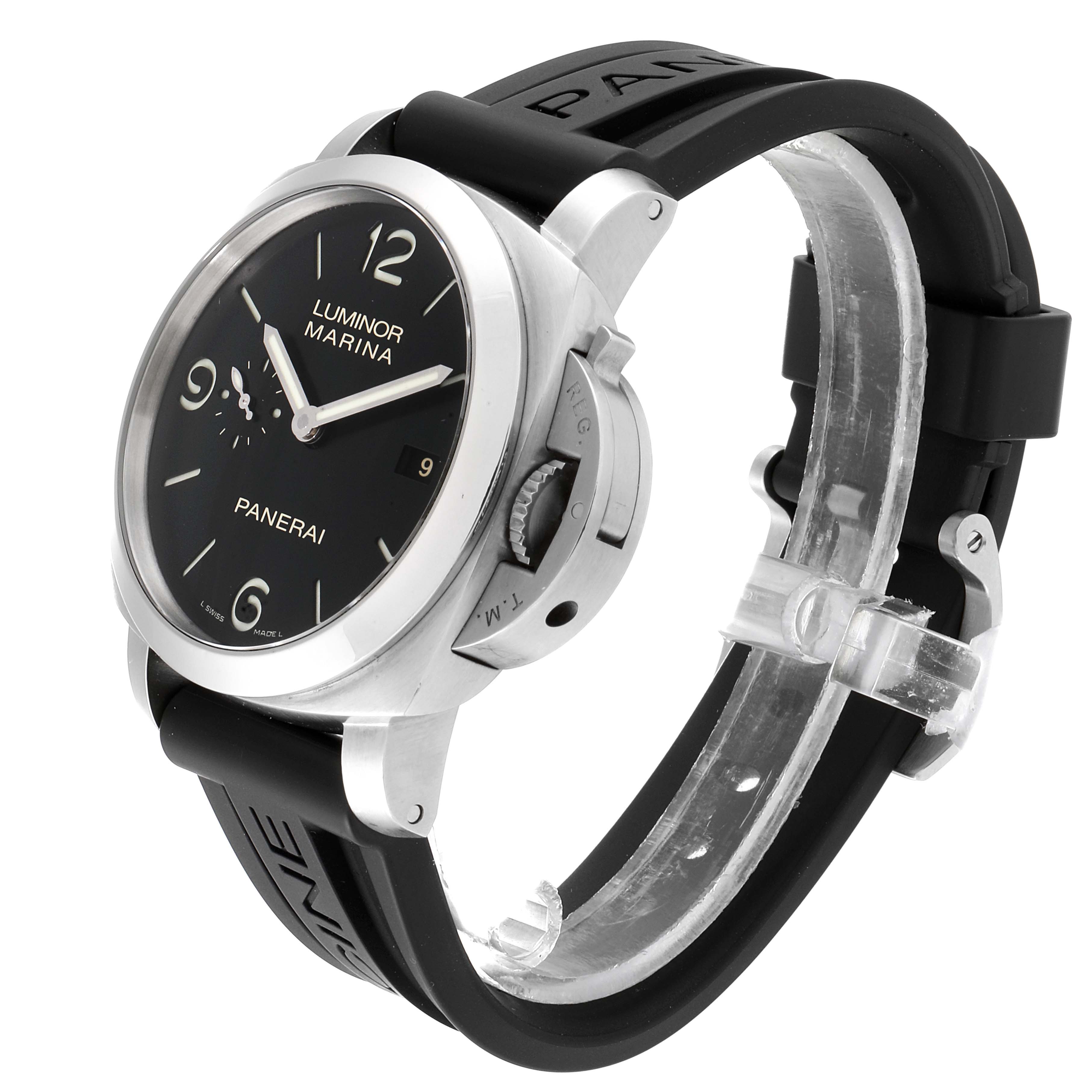 The Panerai Luminor PAM00312 Men
s Stainless Steel Black Dial PAM00312 Men
s Stainless Steel Black Dial watch is shown at a slight angle, displaying its face, crown guard, and black rubber strap.