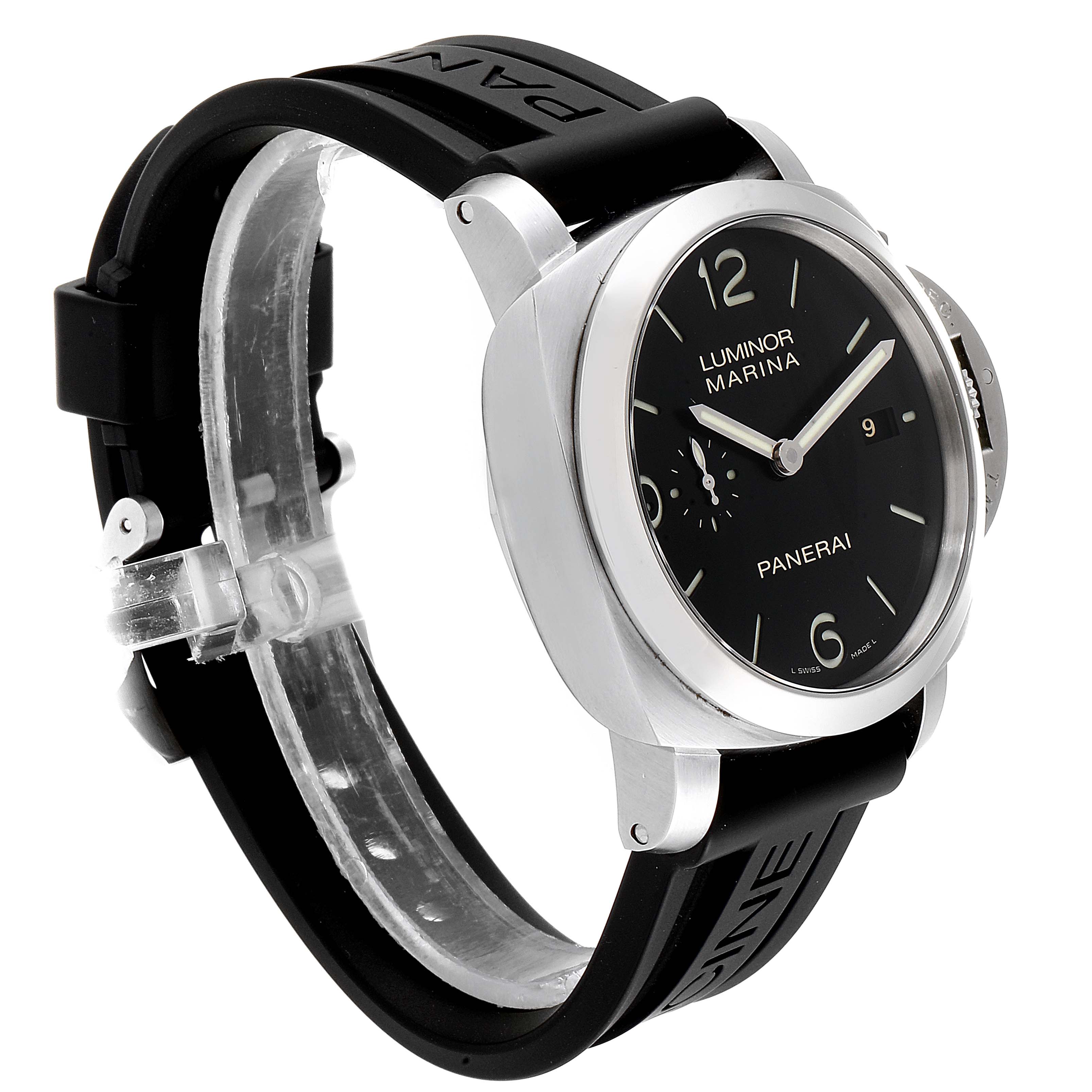 This Panerai Luminor PAM00312 Men
s Stainless Steel Black Dial PAM00312 Men
s Stainless Steel Black Dial model watch is shown at a three-quarter angle highlighting its black dial, case, and rubber strap.