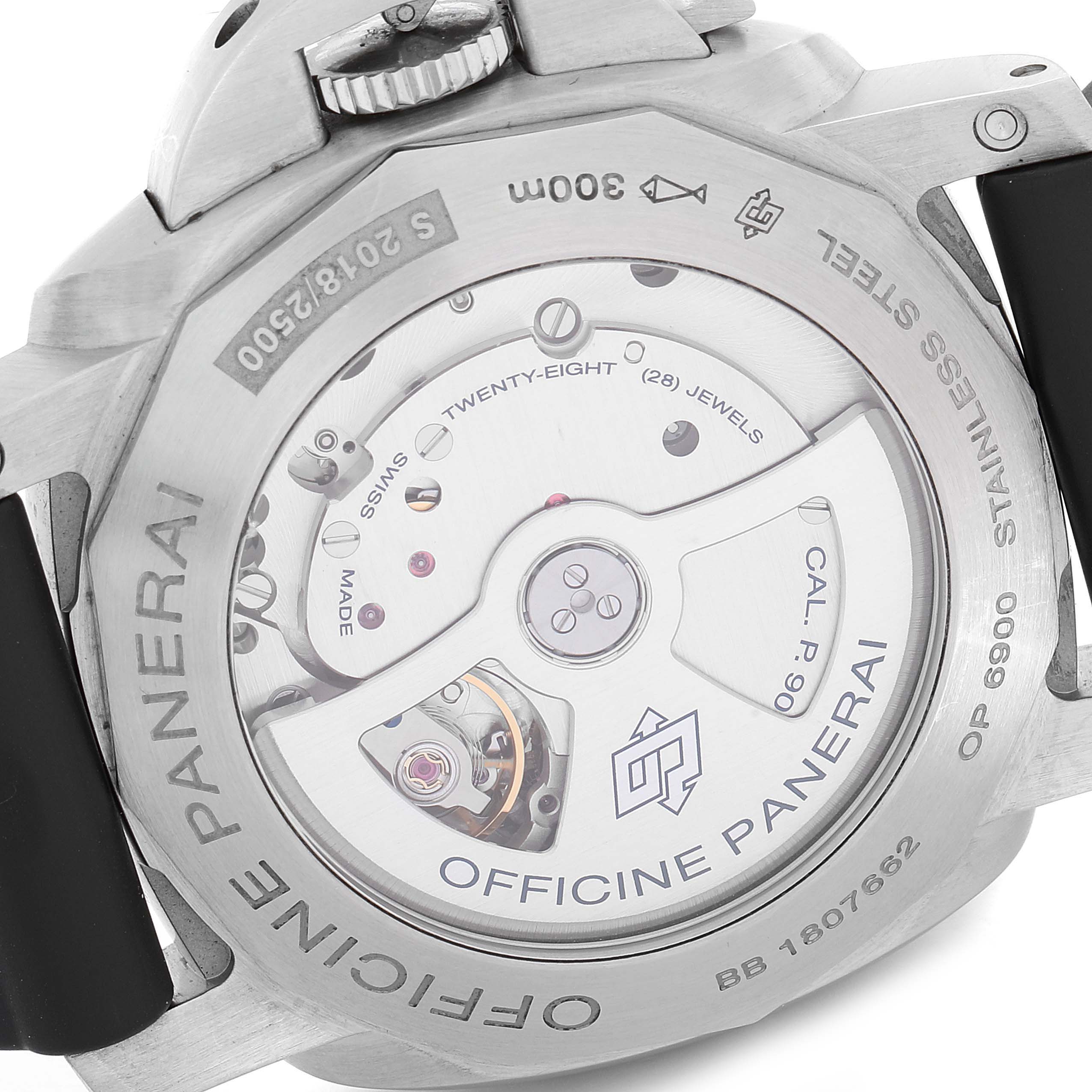 The image shows the back of a Panerai Luminor PAM00312 Men
s Stainless Steel Black Dial PAM00312 Men
s Stainless Steel Black Dial watch, highlighting the movement and internal components.