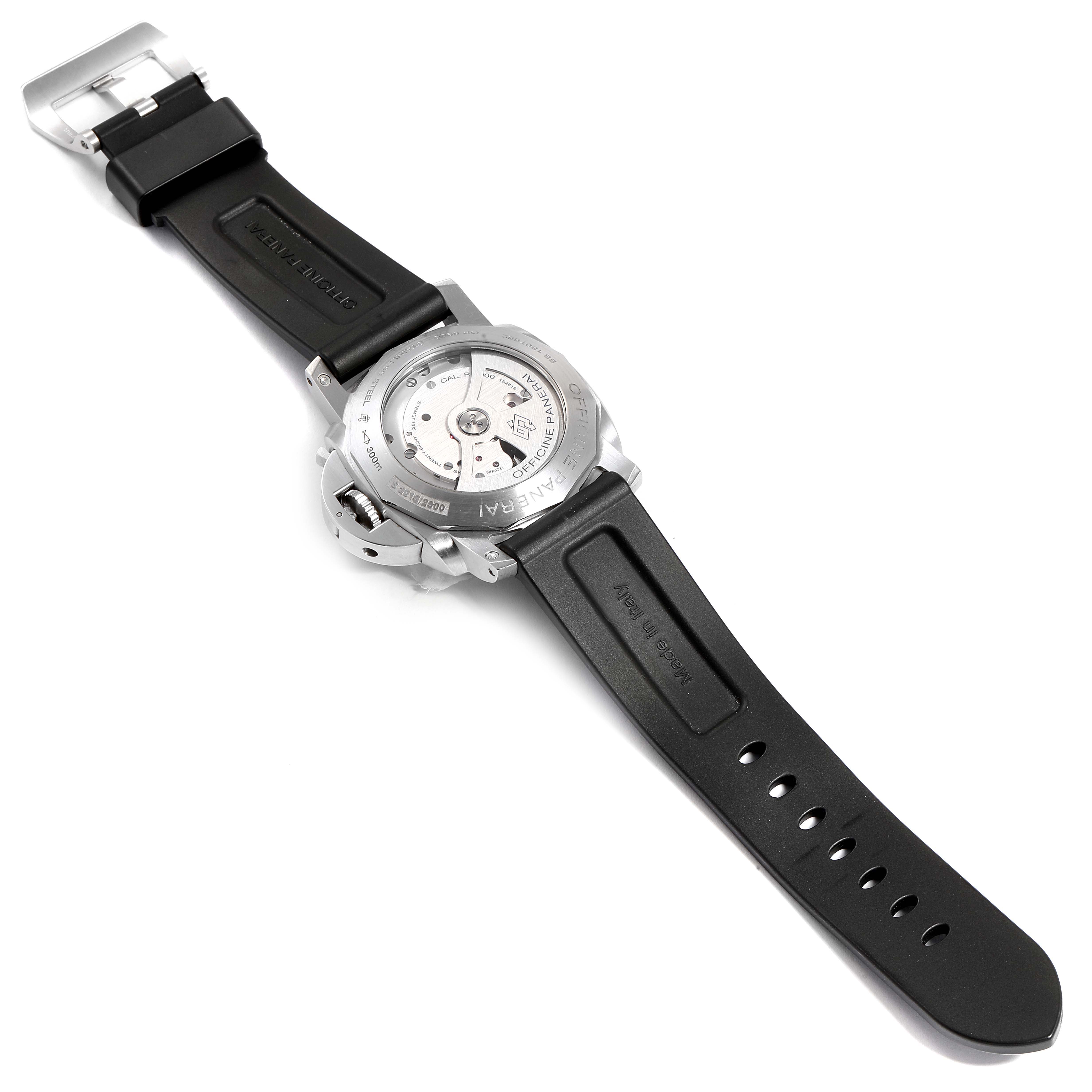 The image shows the underside of a Panerai Luminor PAM00312 Men
s Stainless Steel Black Dial PAM00312 Men
s Stainless Steel Black Dial watch, revealing its open case back and black rubber strap.