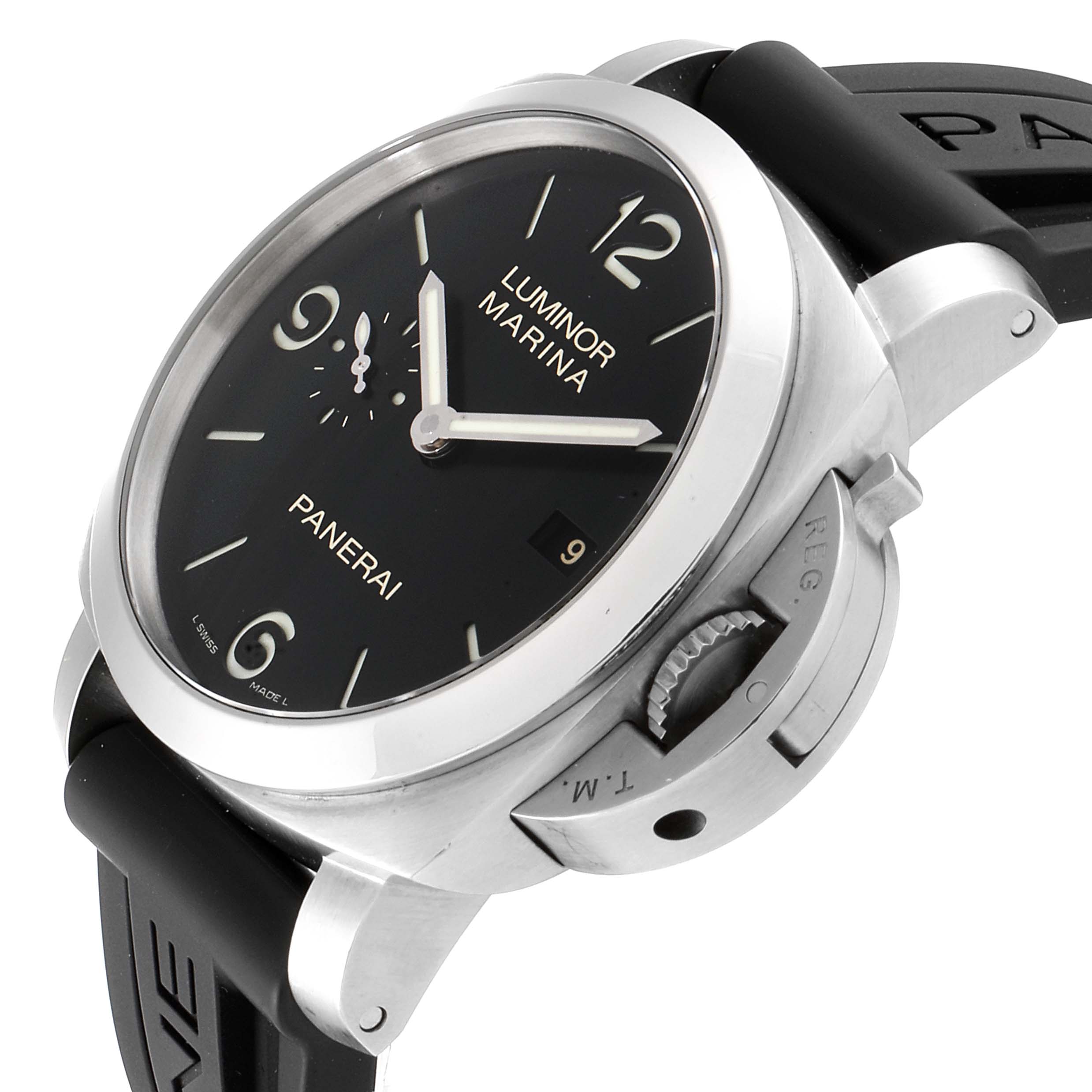 This image shows a side view of the Panerai Luminor PAM00312 Men
s Stainless Steel Black Dial PAM00312 Men
s Stainless Steel Black Dial Marina watch, highlighting the crown and crown guard.
