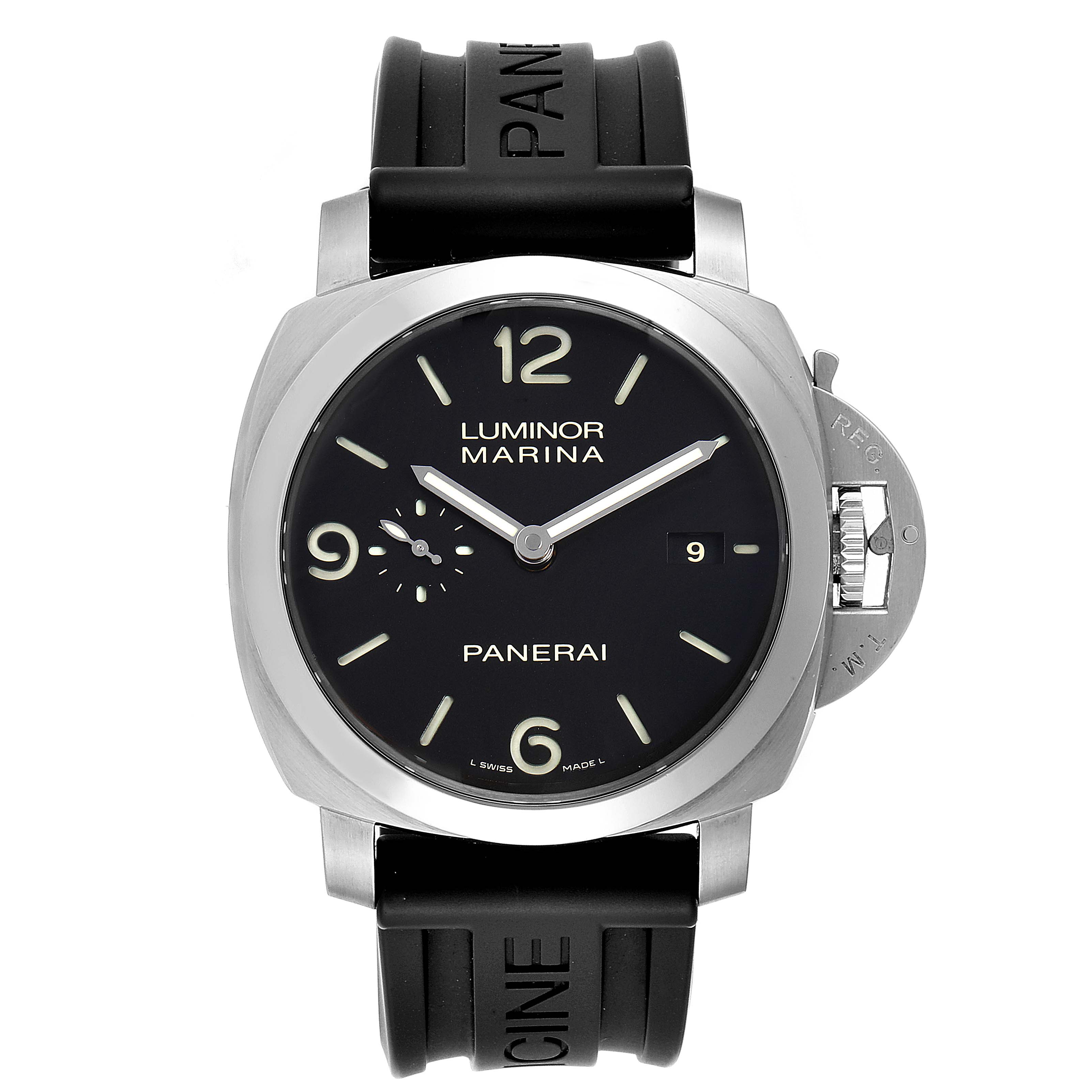 The image shows a front view of a Panerai Luminor PAM00312 Men
s Stainless Steel Black Dial PAM00312 Men
s Stainless Steel Black Dial Marina watch, highlighting the dial, case, and strap.