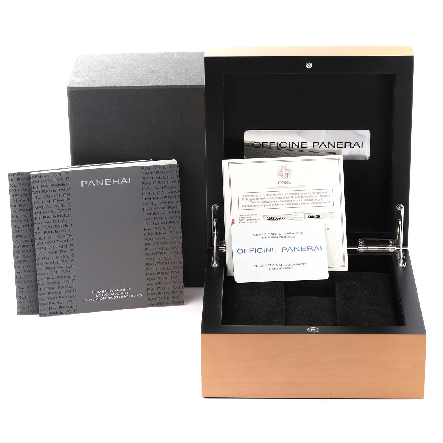 This image displays an open box showing the Panerai Luminor PAM00632 Men
s Stainless Steel Brown Dial PAM00632 Men
s Stainless Steel Brown Dial watch accessories, including manuals and certificates.