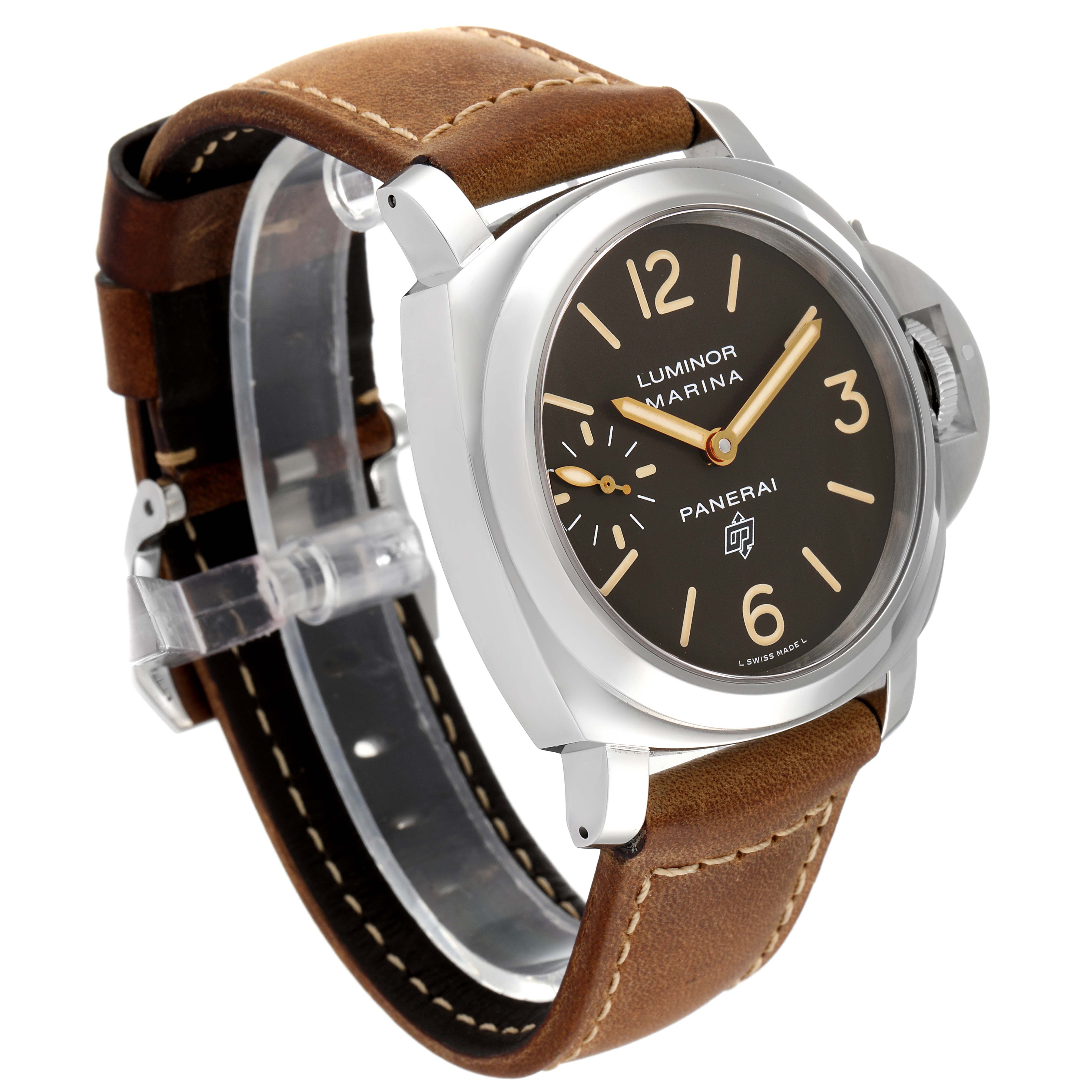 The Panerai Luminor PAM00632 Men
s Stainless Steel Brown Dial PAM00632 Men
s Stainless Steel Brown Dial watch is shown at an angled view, highlighting its brown leather strap and stainless steel case.