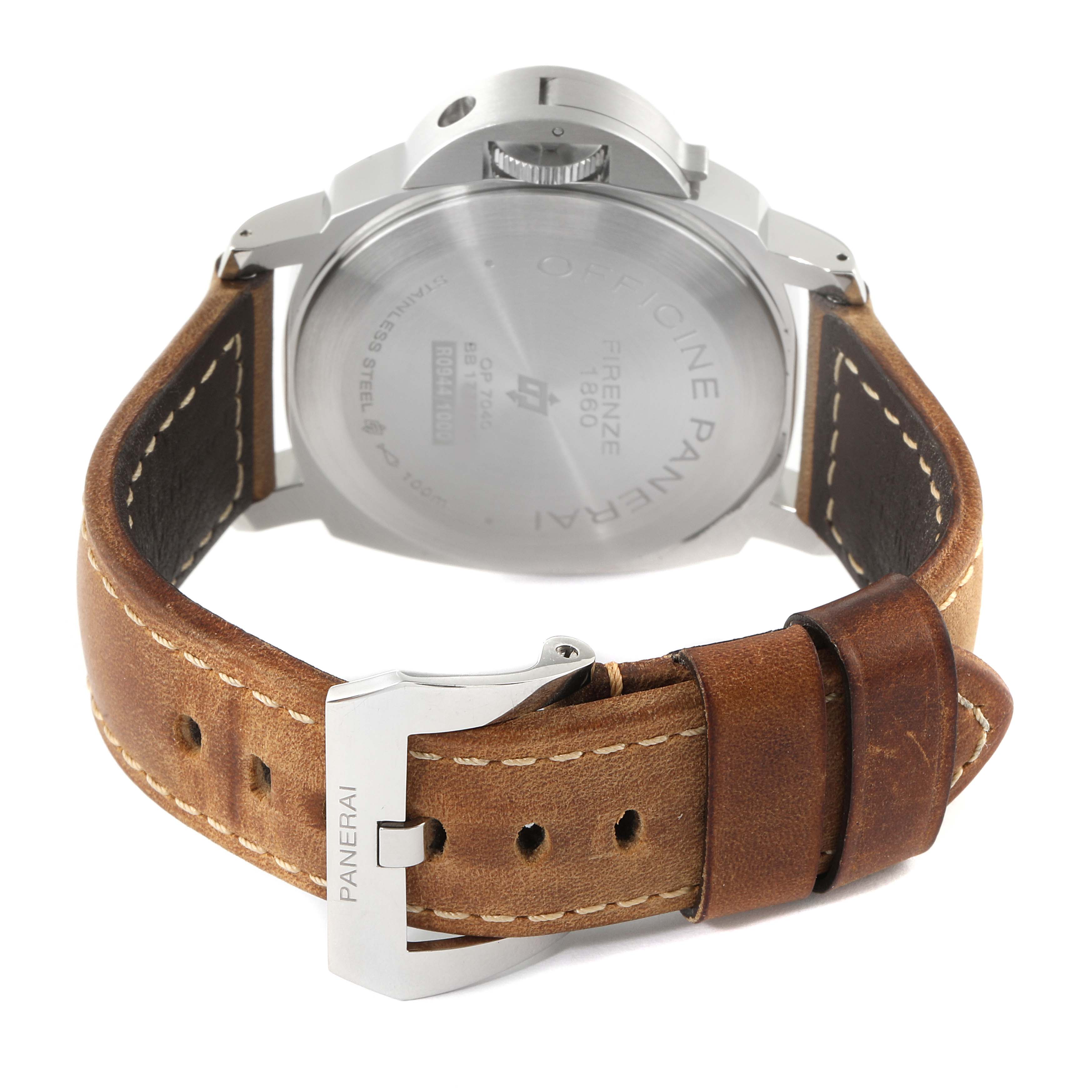 The image shows the back view of a Panerai Luminor PAM00632 Men
s Stainless Steel Brown Dial PAM00632 Men
s Stainless Steel Brown Dial watch, highlighting the leather strap and buckle.