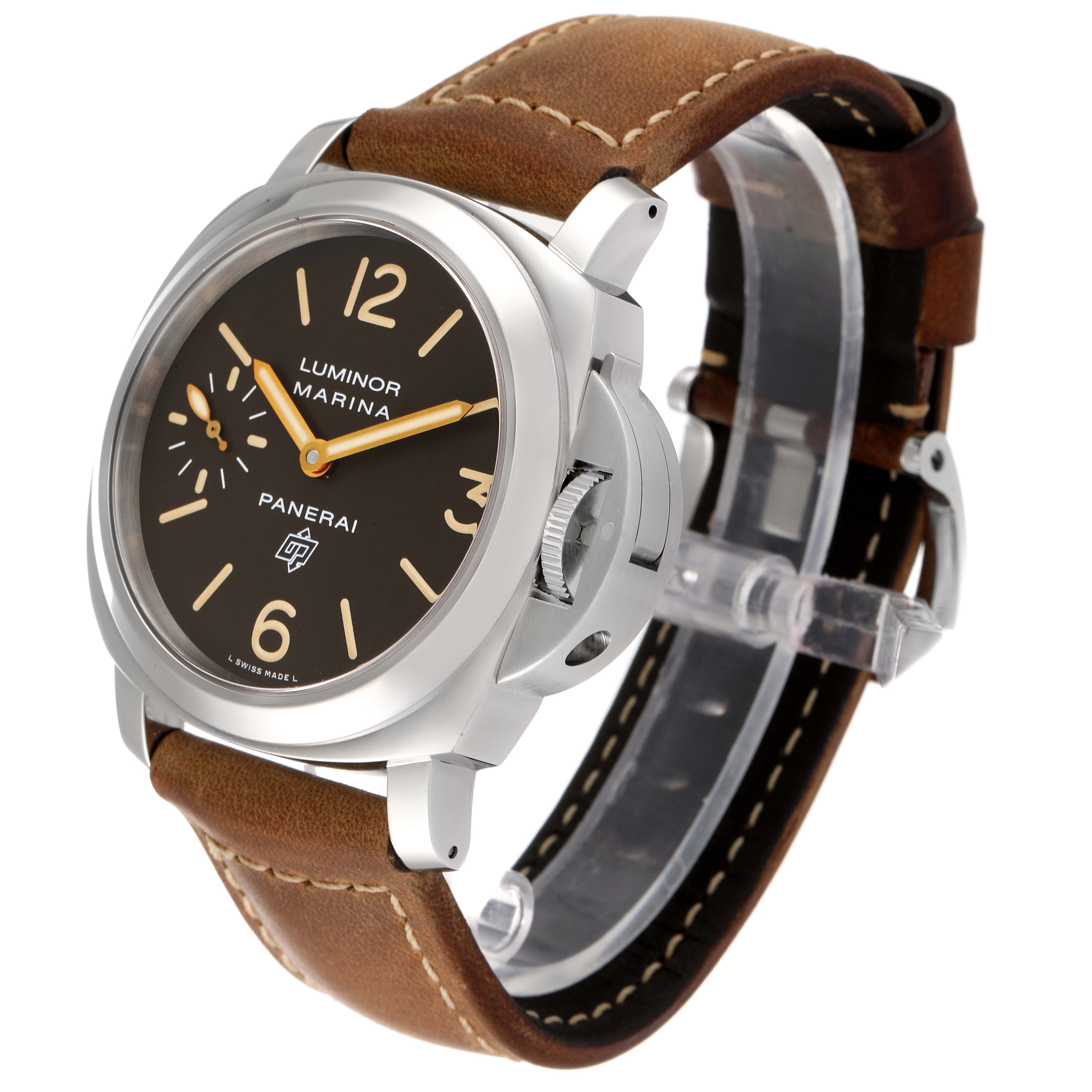 This image shows a Panerai Luminor PAM00632 Men
s Stainless Steel Brown Dial PAM00632 Men
s Stainless Steel Brown Dial watch at a three-quarter angle, highlighting its face, case, and leather strap.