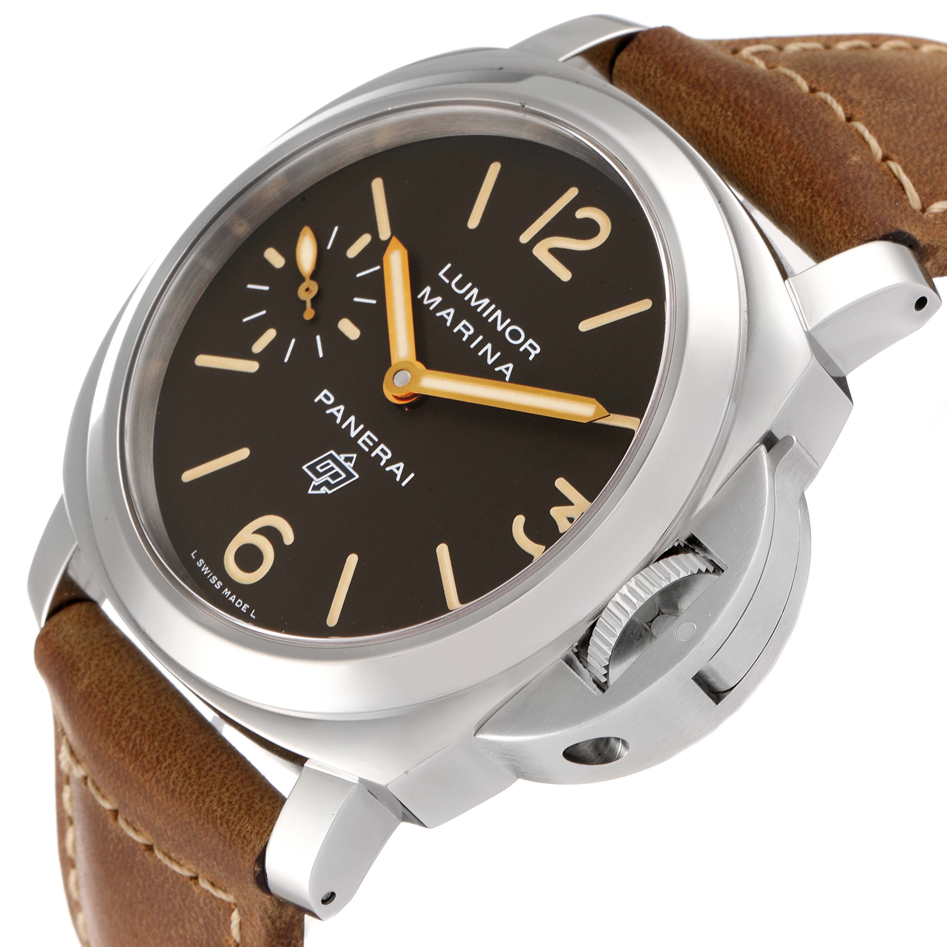 The image shows a Panerai Luminor PAM00632 Men
s Stainless Steel Brown Dial PAM00632 Men
s Stainless Steel Brown Dial Marina watch at an angle, highlighting the face, crown guard, and leather strap.