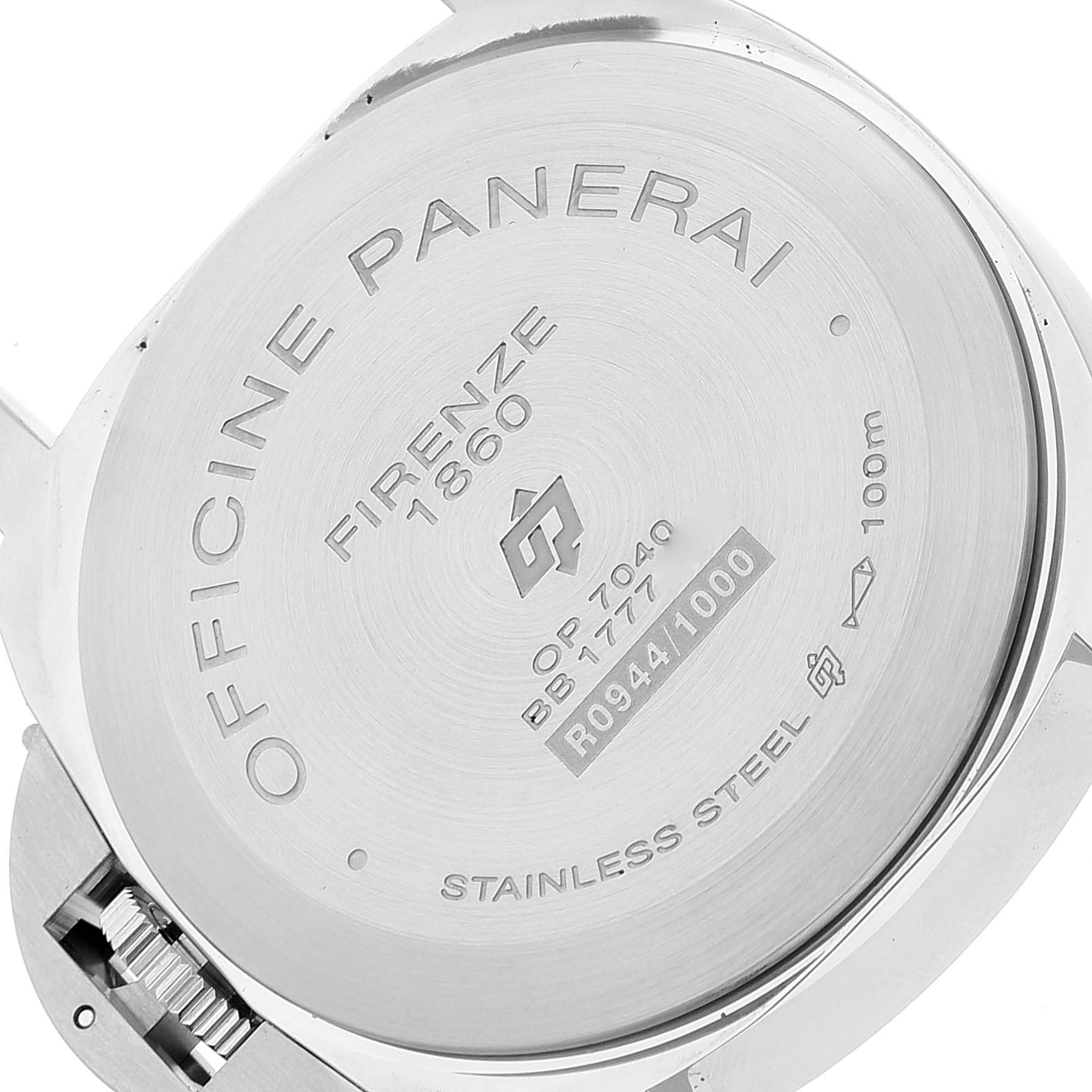 The image shows the case back of a Panerai Luminor PAM00632 Men
s Stainless Steel Brown Dial PAM00632 Men
s Stainless Steel Brown Dial watch, indicating its model details and materials.