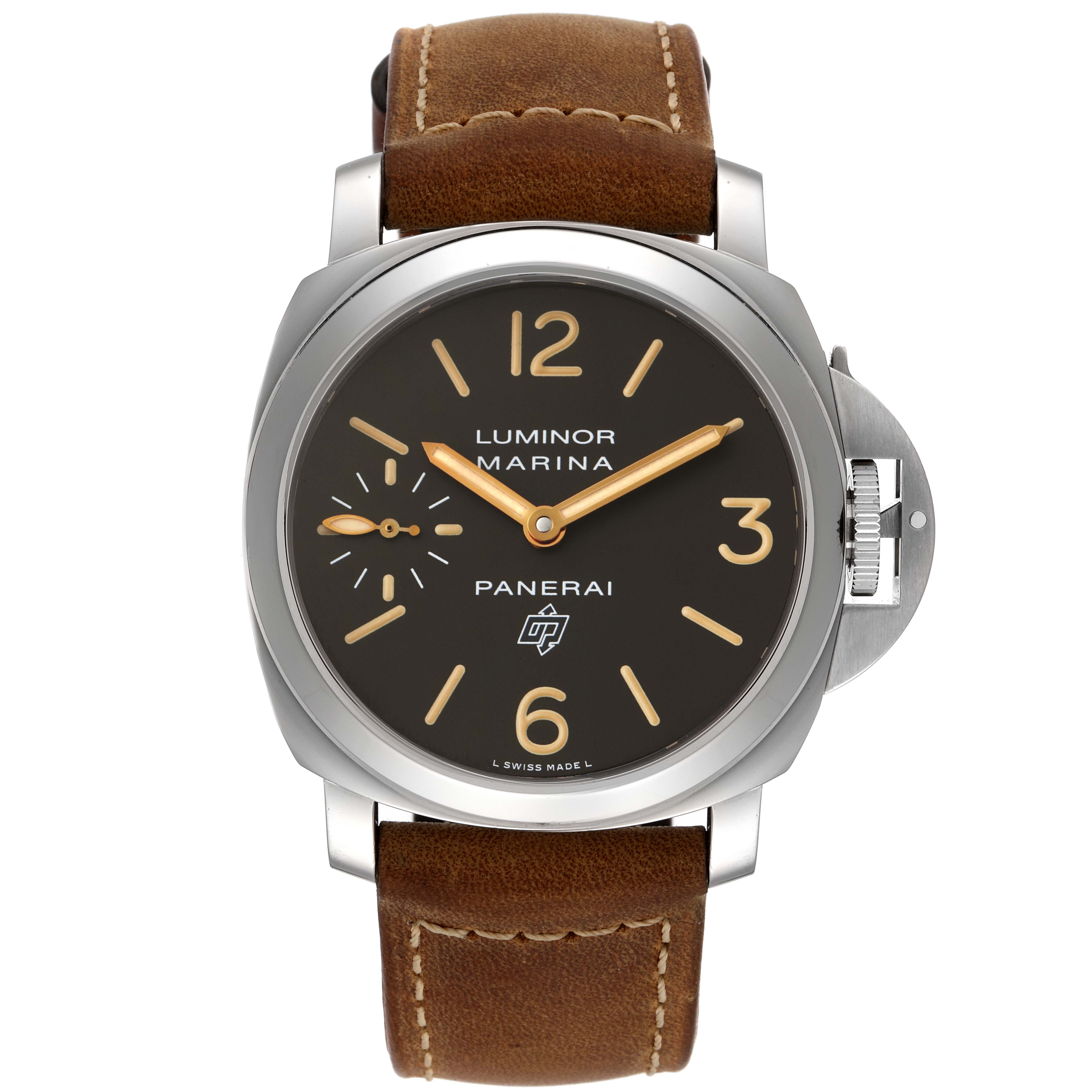 This image shows a frontal view of a Panerai Luminor PAM00632 Men
s Stainless Steel Brown Dial PAM00632 Men
s Stainless Steel Brown Dial Marina watch and its brown leather strap.