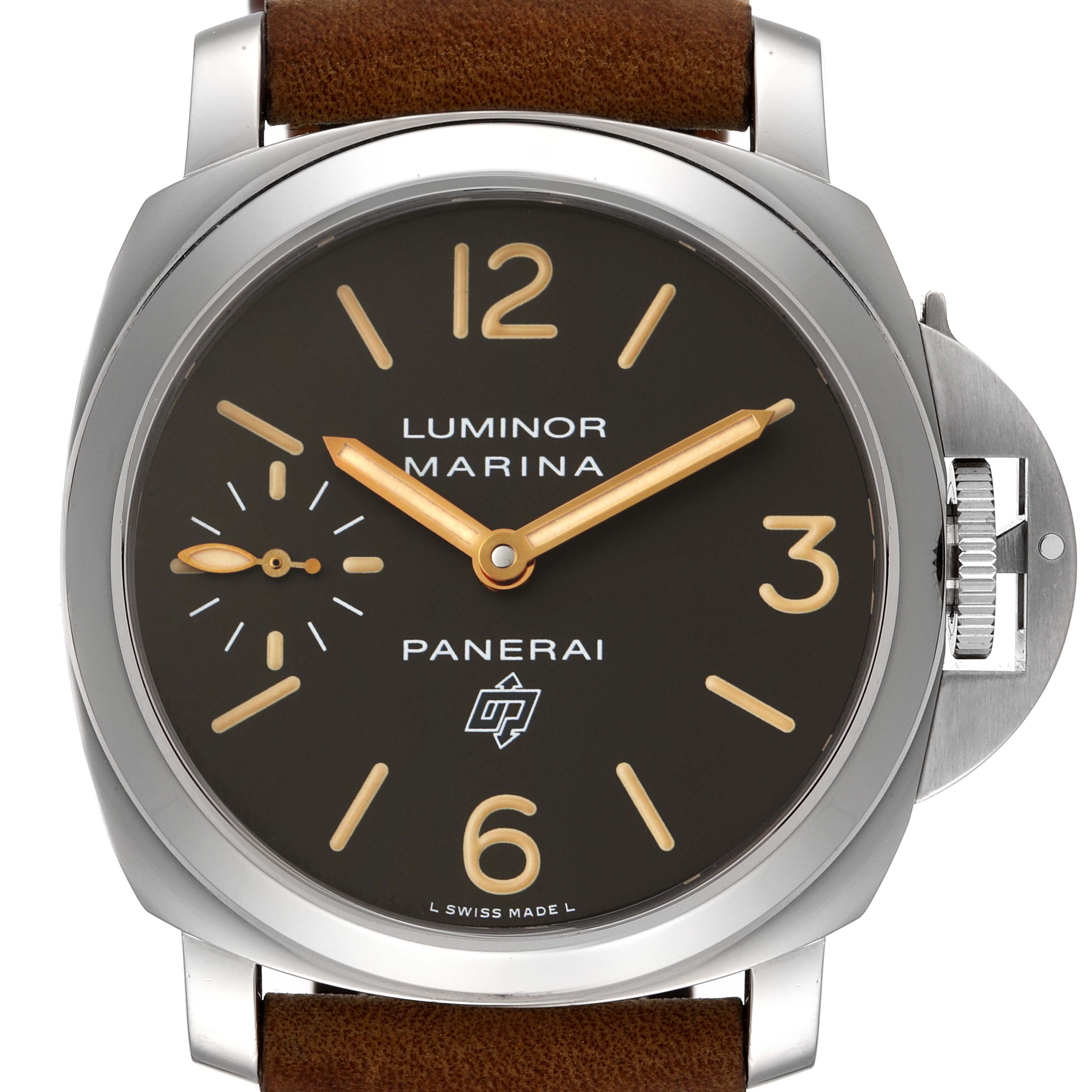 The image shows a front view of the Panerai Luminor PAM00632 Men
s Stainless Steel Brown Dial PAM00632 Men
s Stainless Steel Brown Dial watch, highlighting the dial, hands, and crown.