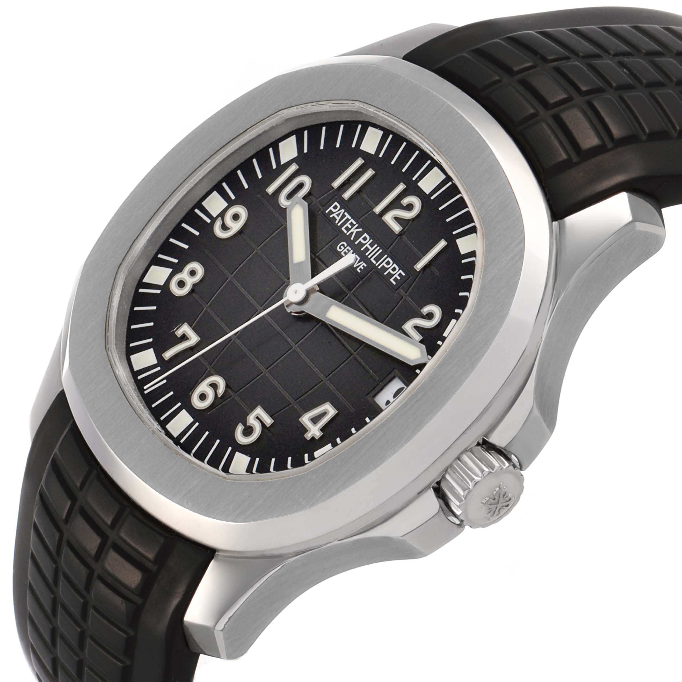 The Patek Philippe Aquanaut 5165A-001 Men's Stainless Steel Black Dial watch is shown at a three-quarter angle, highlighting the face, bezel, and crown.