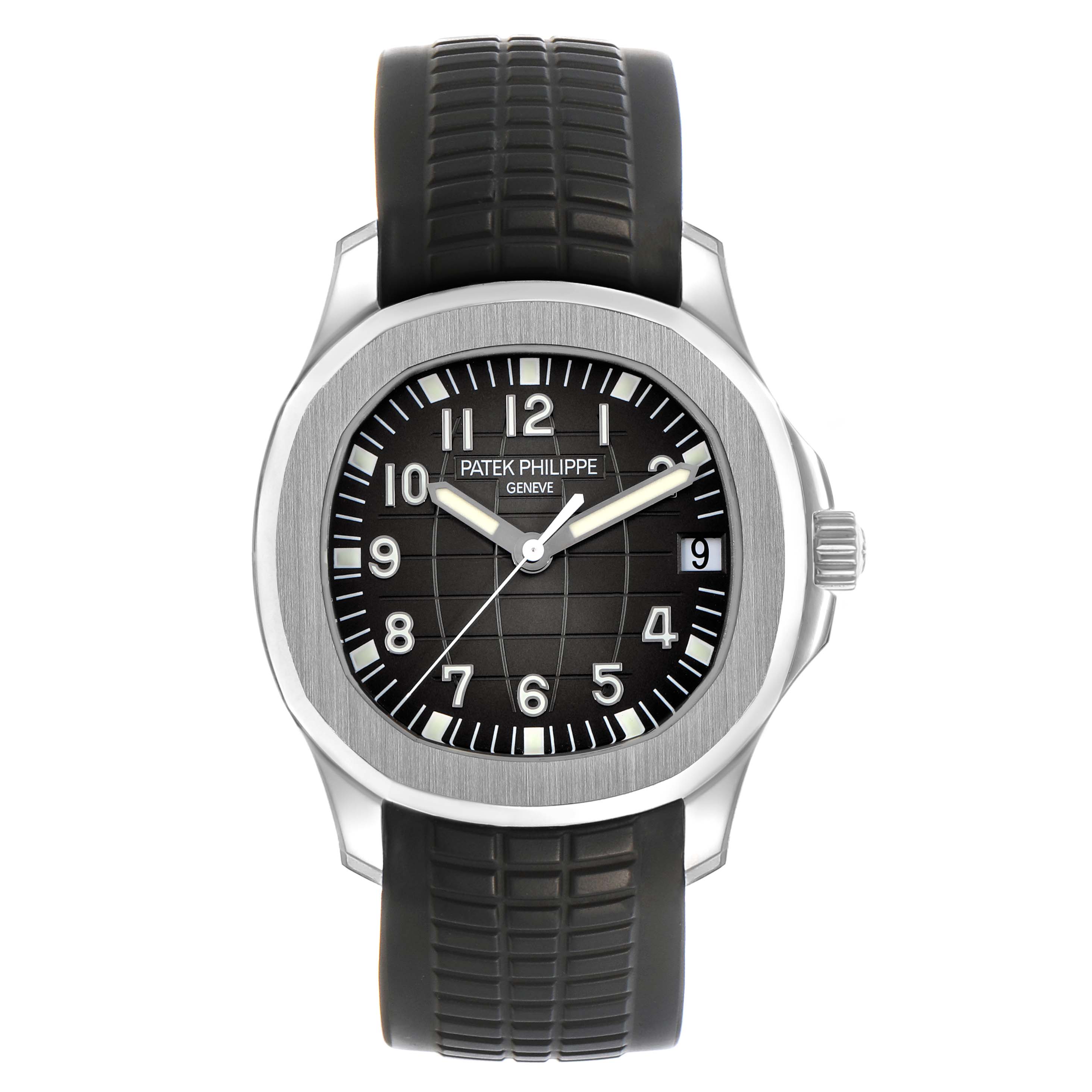 The Patek Philippe Aquanaut 5165A-001 Men's Stainless Steel Black Dial watch is shown from a top-down angle, displaying its dial, case, and band.