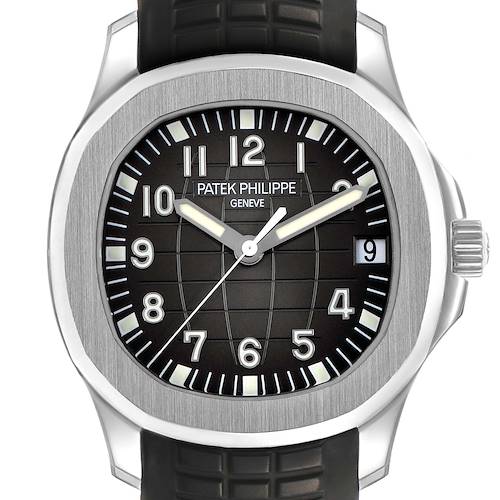 The Patek Philippe Aquanaut 5165A-001 Men's Stainless Steel Black Dial watch is shown from a front angle, highlighting the dial, bezel, hands, and strap.