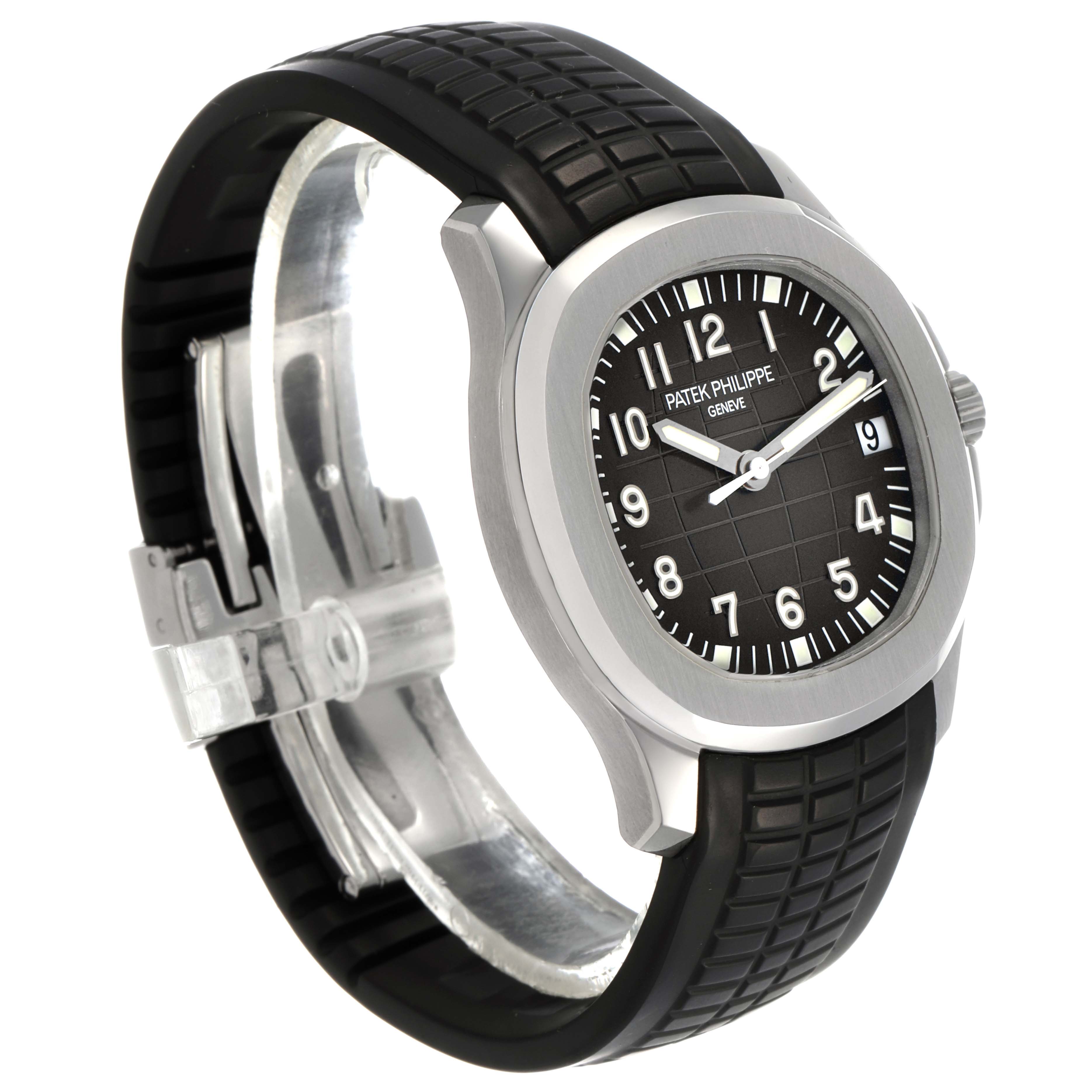 The Patek Philippe Aquanaut 5165A-001 Men's Stainless Steel Black Dial watch is shown at a three-quarter angle, displaying the dial, bezel, crown, and rubber strap.