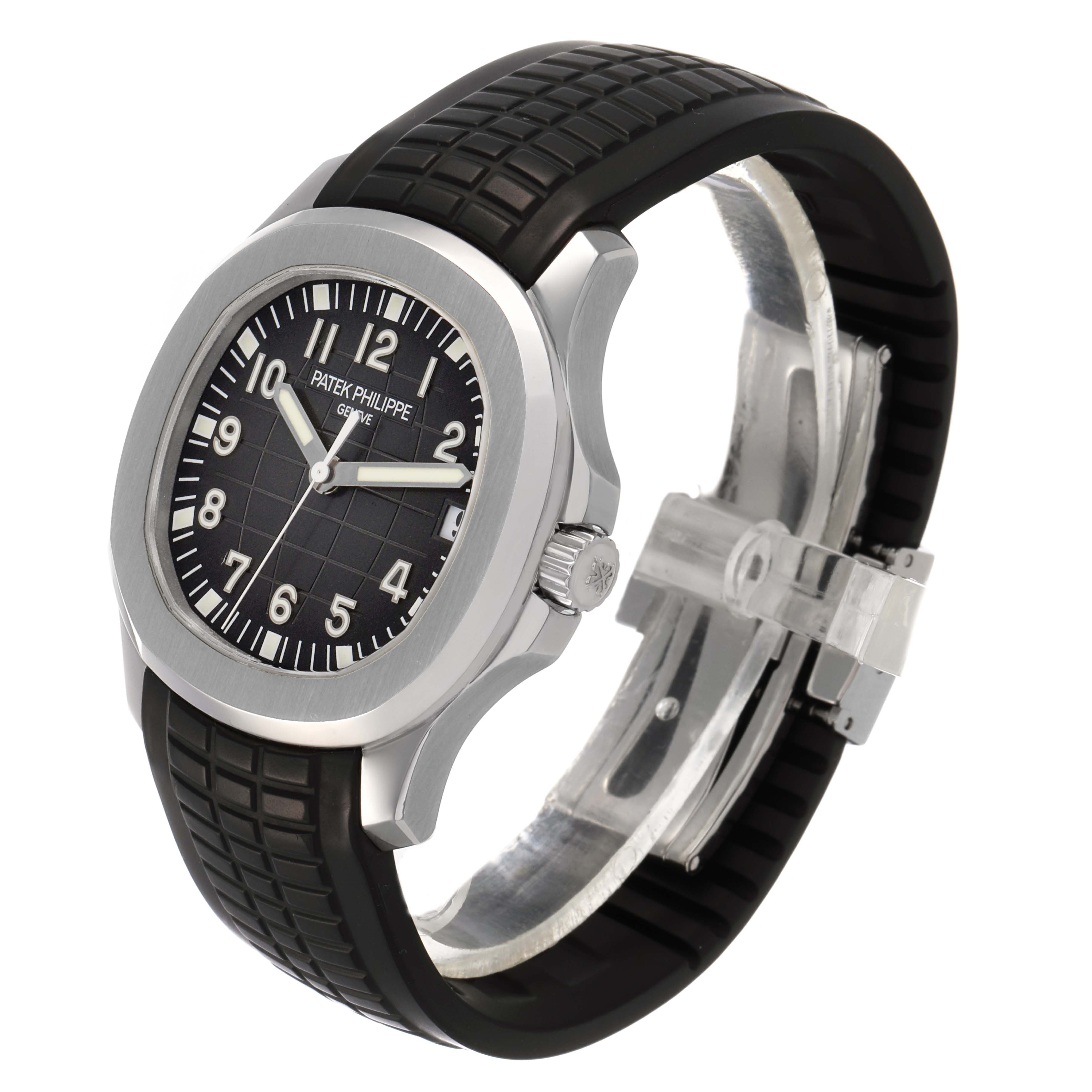 The Patek Philippe Aquanaut 5165A-001 Men's Stainless Steel Black Dial watch is shown at a three-quarter angle, displaying its face, bezel, crown, and strap.