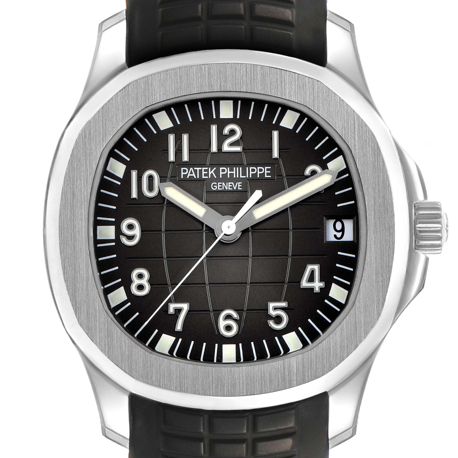 The Patek Philippe Aquanaut 5165A-001 Men's Stainless Steel Black Dial watch is shown from the front, highlighting the dial, case, and crown.