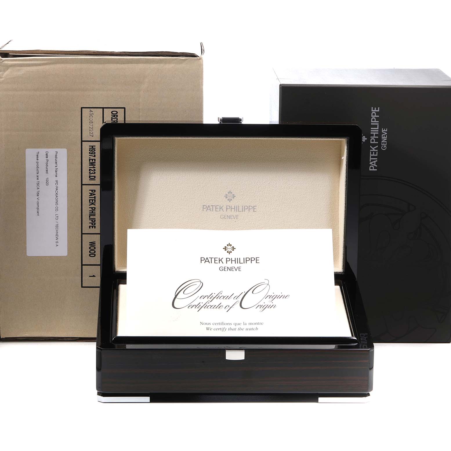 The image shows the packaging and certificate for a Patek Philippe Aquanaut 5165A-001 Men's Stainless Steel Black Dial watch, viewed from the front.