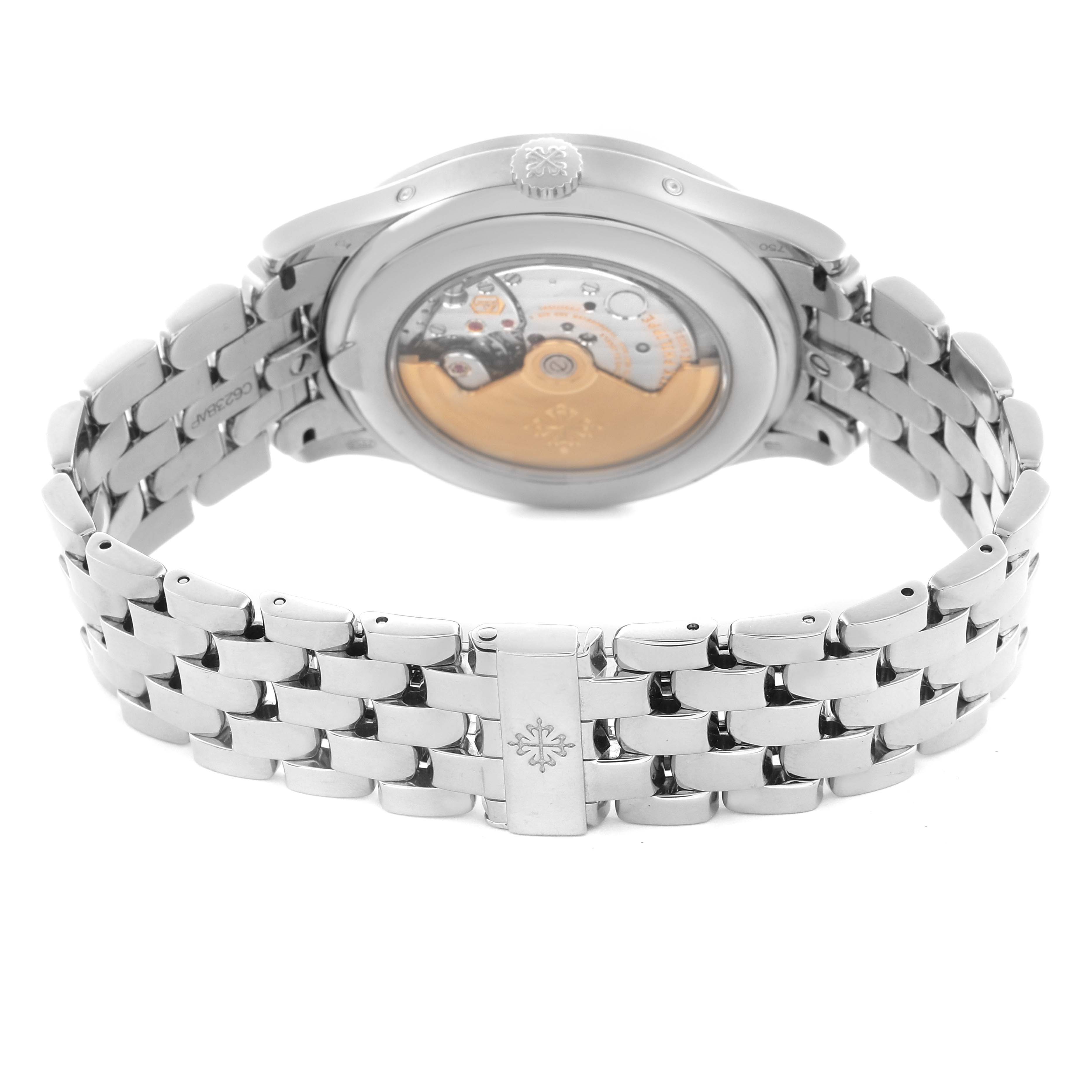 The image shows the back and bracelet of a Patek Philippe Complications 5396/1G-001 Men
s White Gold Blue Dial 5396/1G-001 Men
s White Gold Blue Dial model, highlighting the movement and clasp.