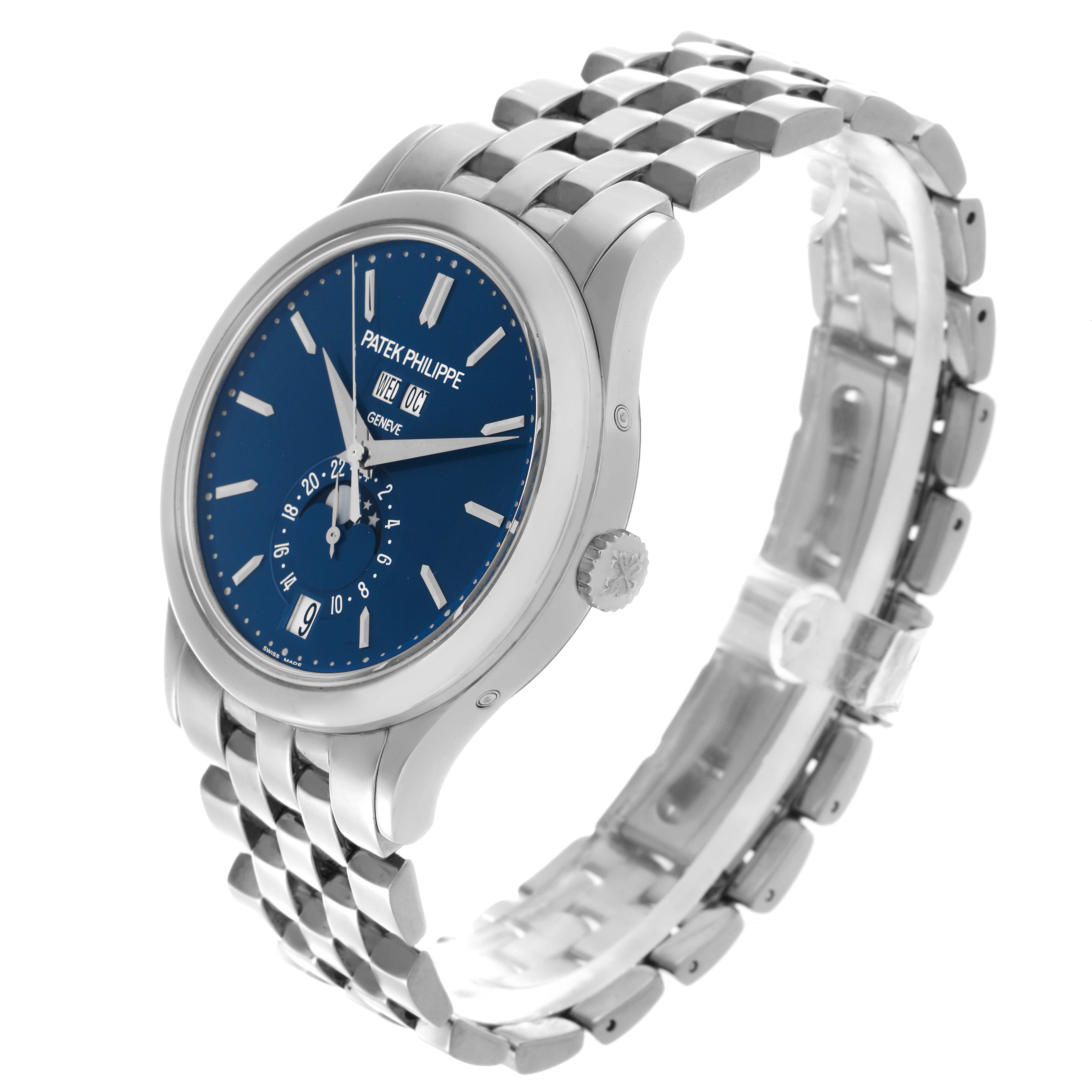 The Patek Philippe Complications 5396/1G-001 Men
s White Gold Blue Dial 5396/1G-001 Men
s White Gold Blue Dial watch is shown at a three-quarter angle, displaying the face, crown, and band.