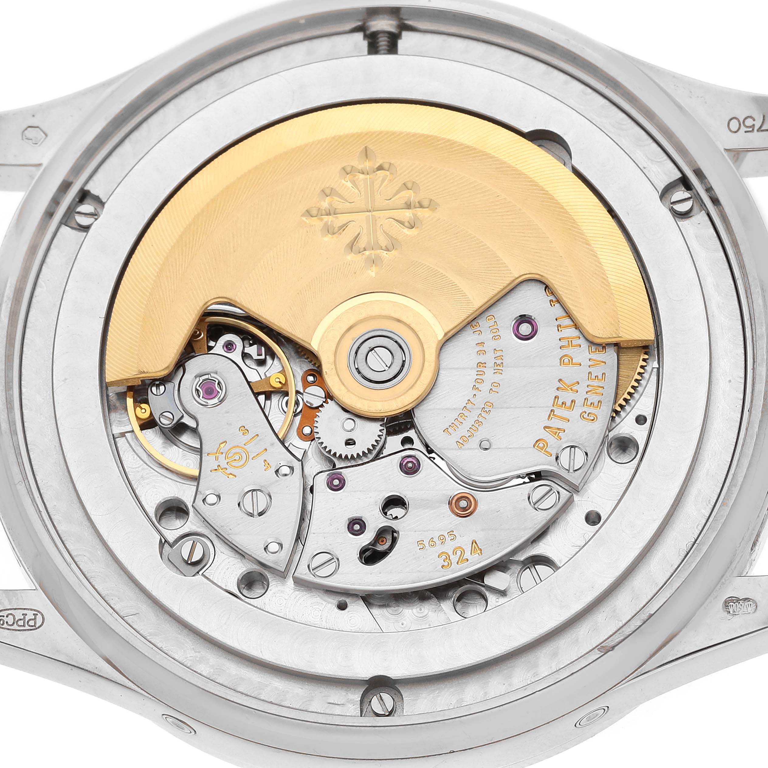 The image shows the back view of the Patek Philippe Complications 5396/1G-001 Men
s White Gold Blue Dial 5396/1G-001 Men
s White Gold Blue Dial model, featuring its intricate mechanical movement.