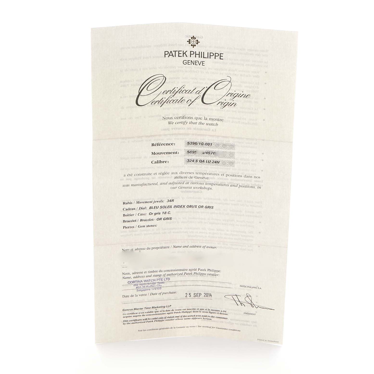 The image shows a Certificate of Origin for a Patek Philippe Complications 5396/1G-001 Men
s White Gold Blue Dial 5396/1G-001 Men
s White Gold Blue Dial model, displaying details like reference and movement.