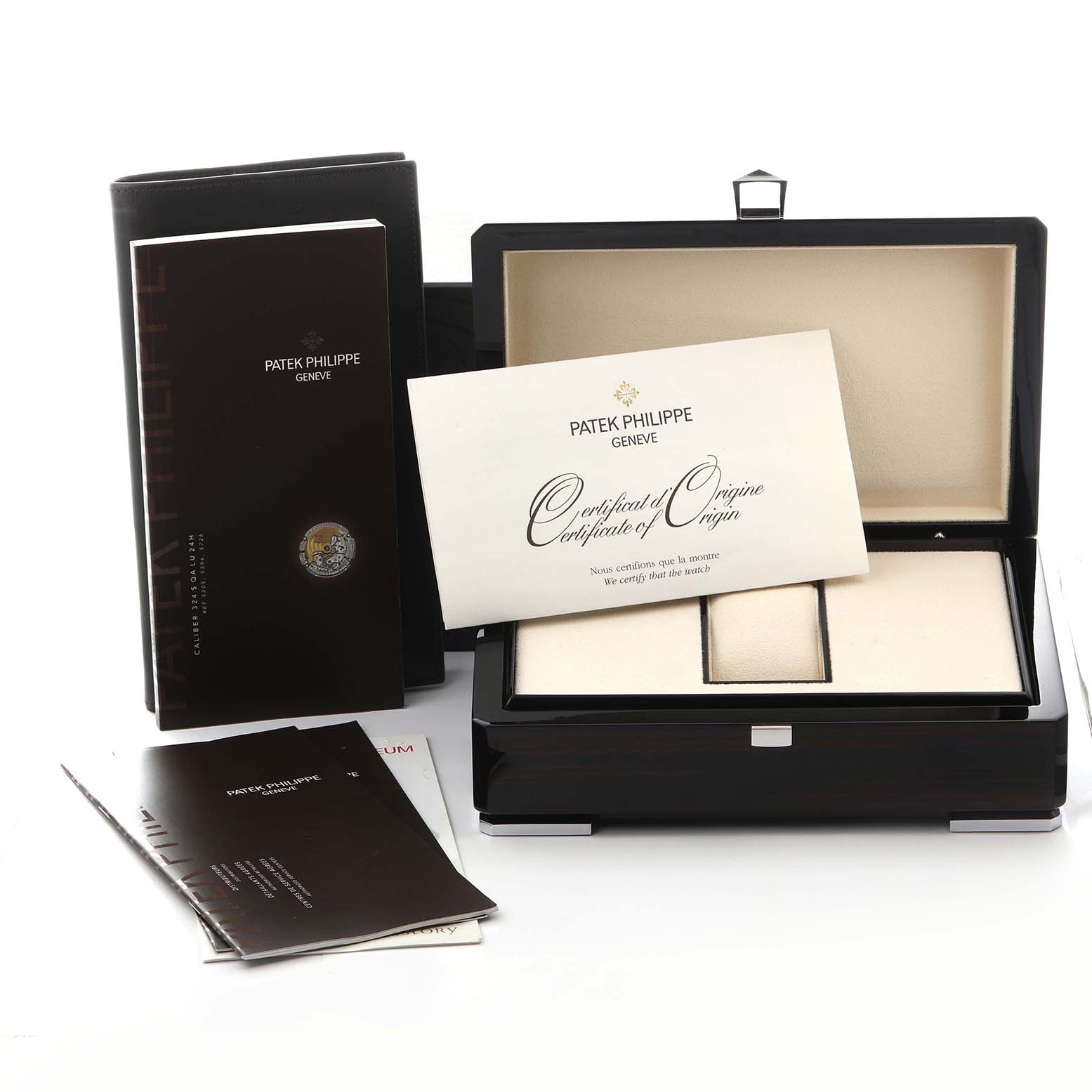 The image shows the Patek Philippe Complications 5396/1G-001 Men
s White Gold Blue Dial 5396/1G-001 Men
s White Gold Blue Dial watch box, booklet, and certificate from a front angle.