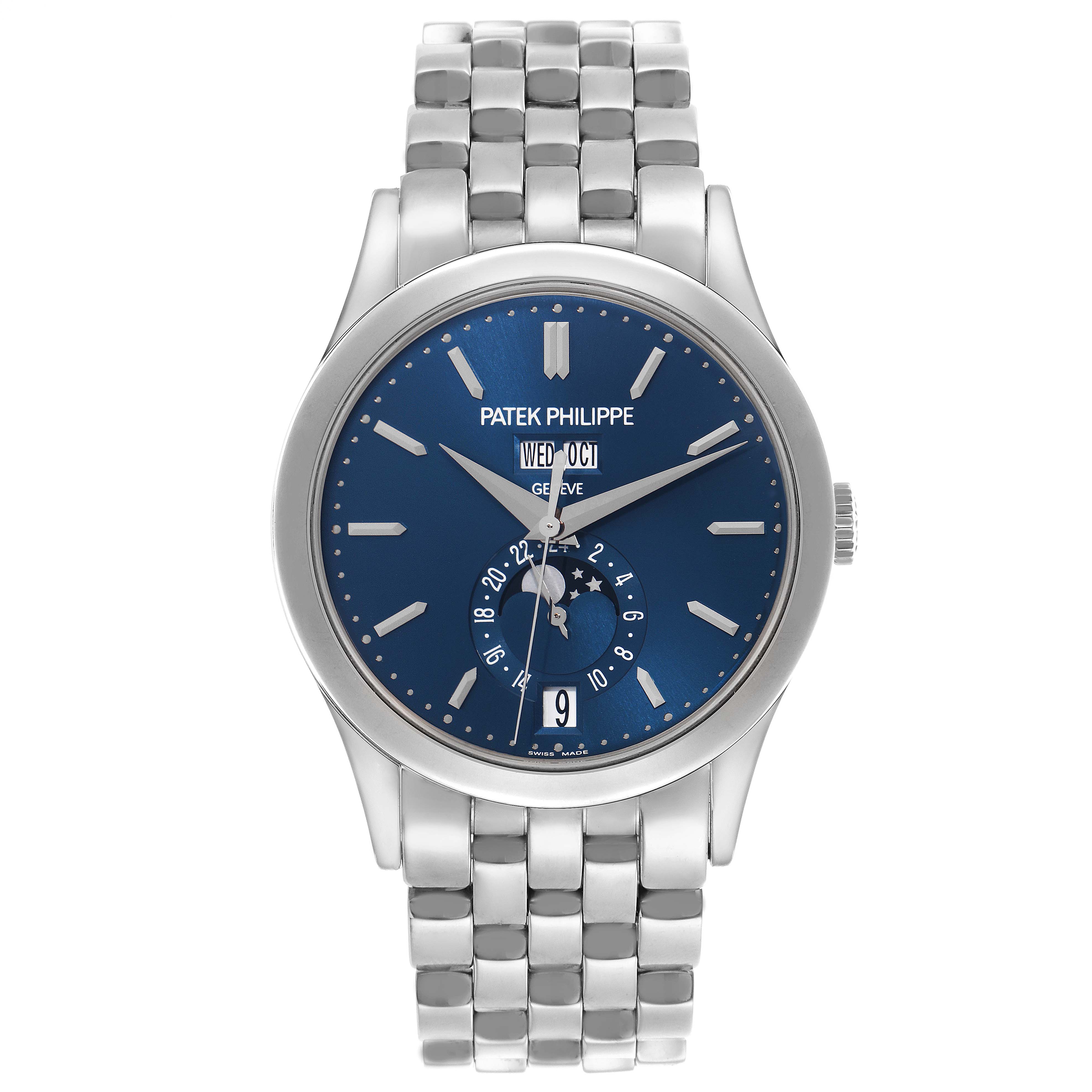 The Patek Philippe Complications 5396/1G-001 Men
s White Gold Blue Dial 5396/1G-001 Men
s White Gold Blue Dial watch is shown from the front, displaying the face, dial, and bracelet.