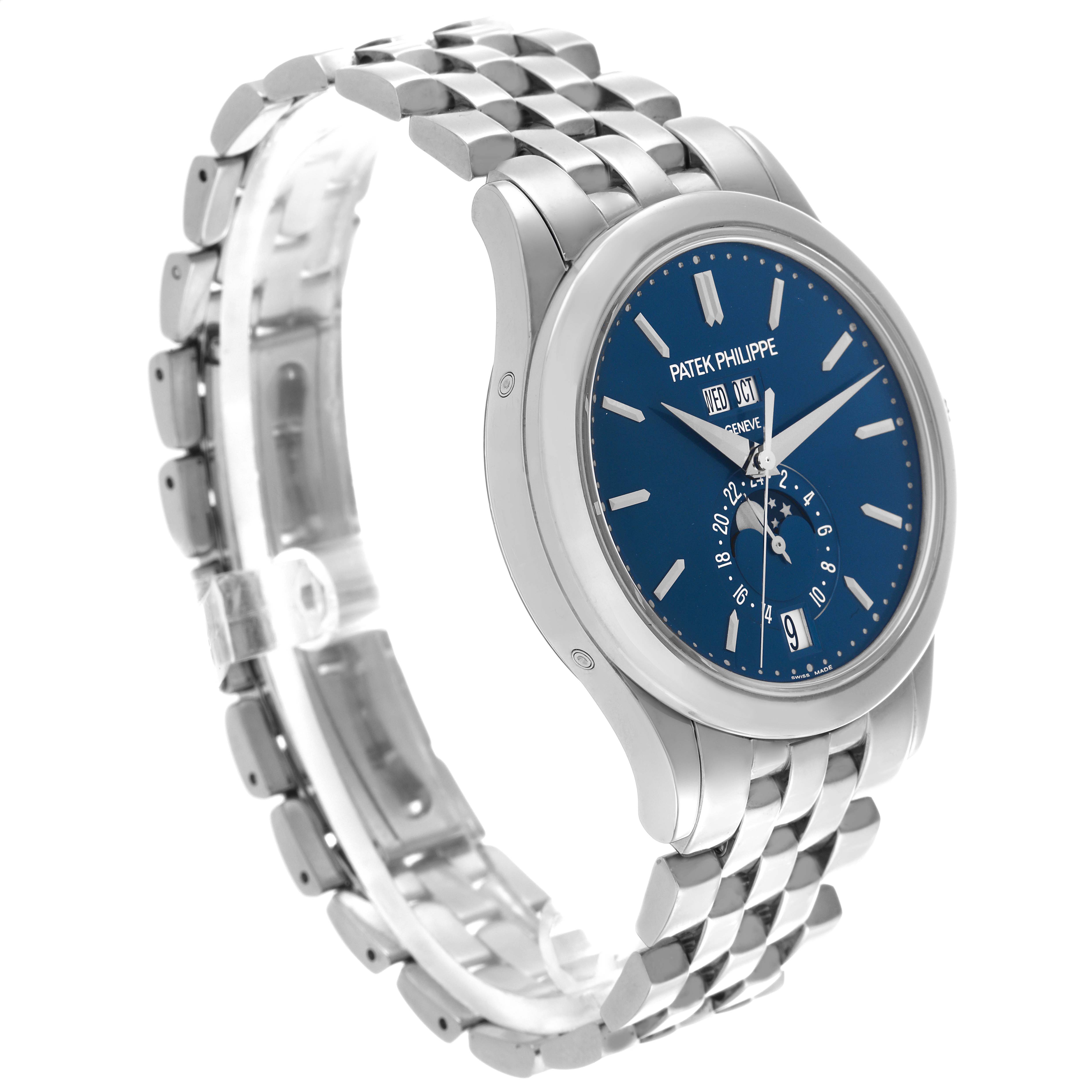 The Patek Philippe Complications 5396/1G-001 Men
s White Gold Blue Dial 5396/1G-001 Men
s White Gold Blue Dial watch is shown at a three-quarter angle, highlighting the blue dial, bracelet, and side profile.