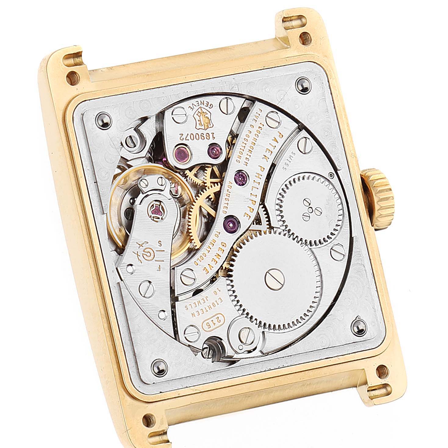 This image shows the internal mechanism of the Patek Philippe Gondolo 5010J Men's Yellow Gold Silver Dial 5010J Men's Yellow Gold Silver Dial watch from a back angle, revealing gears and cogs.