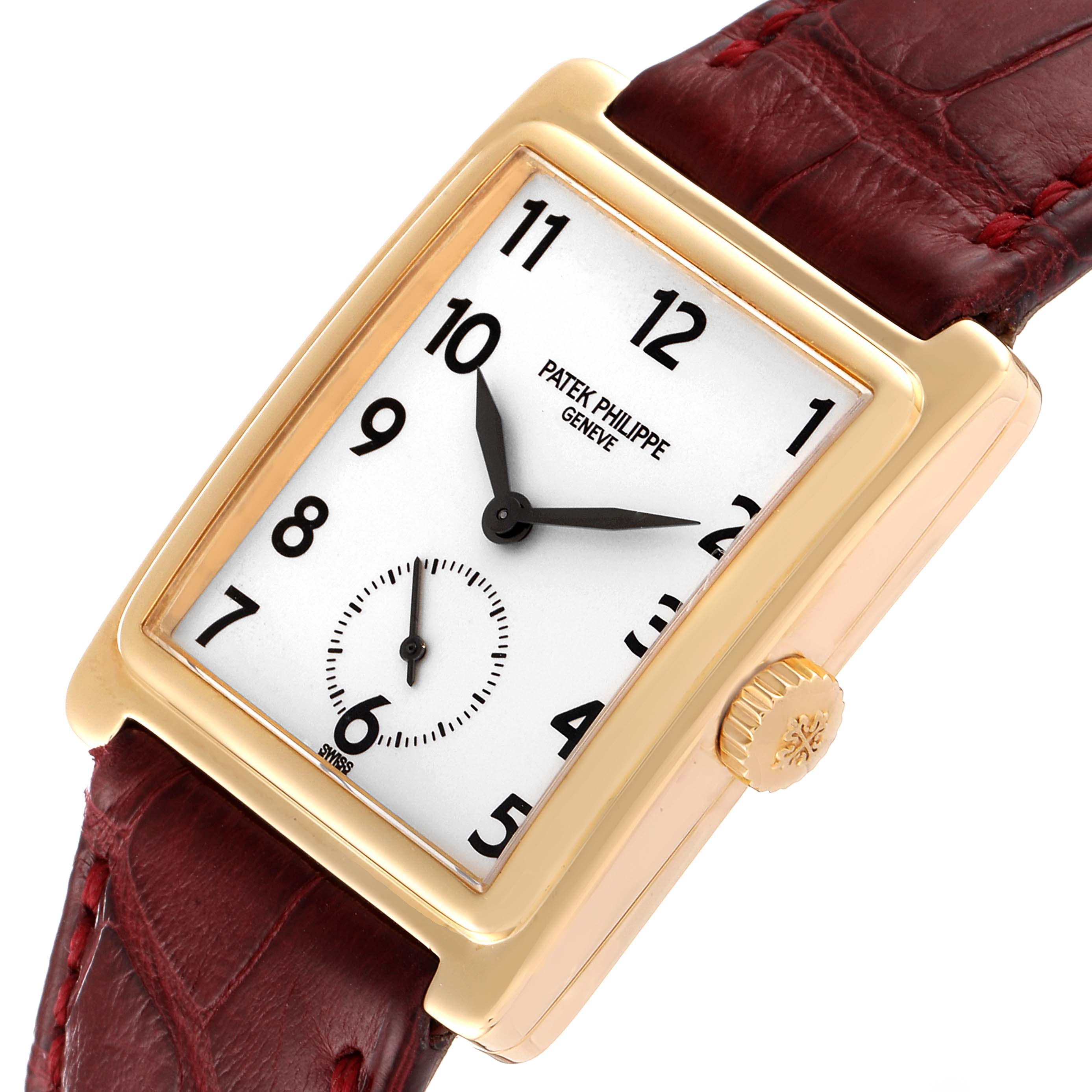 The Patek Philippe Gondolo 5010J Men's Yellow Gold Silver Dial 5010J Men's Yellow Gold Silver Dial watch is shown at a slight angle, displaying the face, crown, and part of the leather strap.