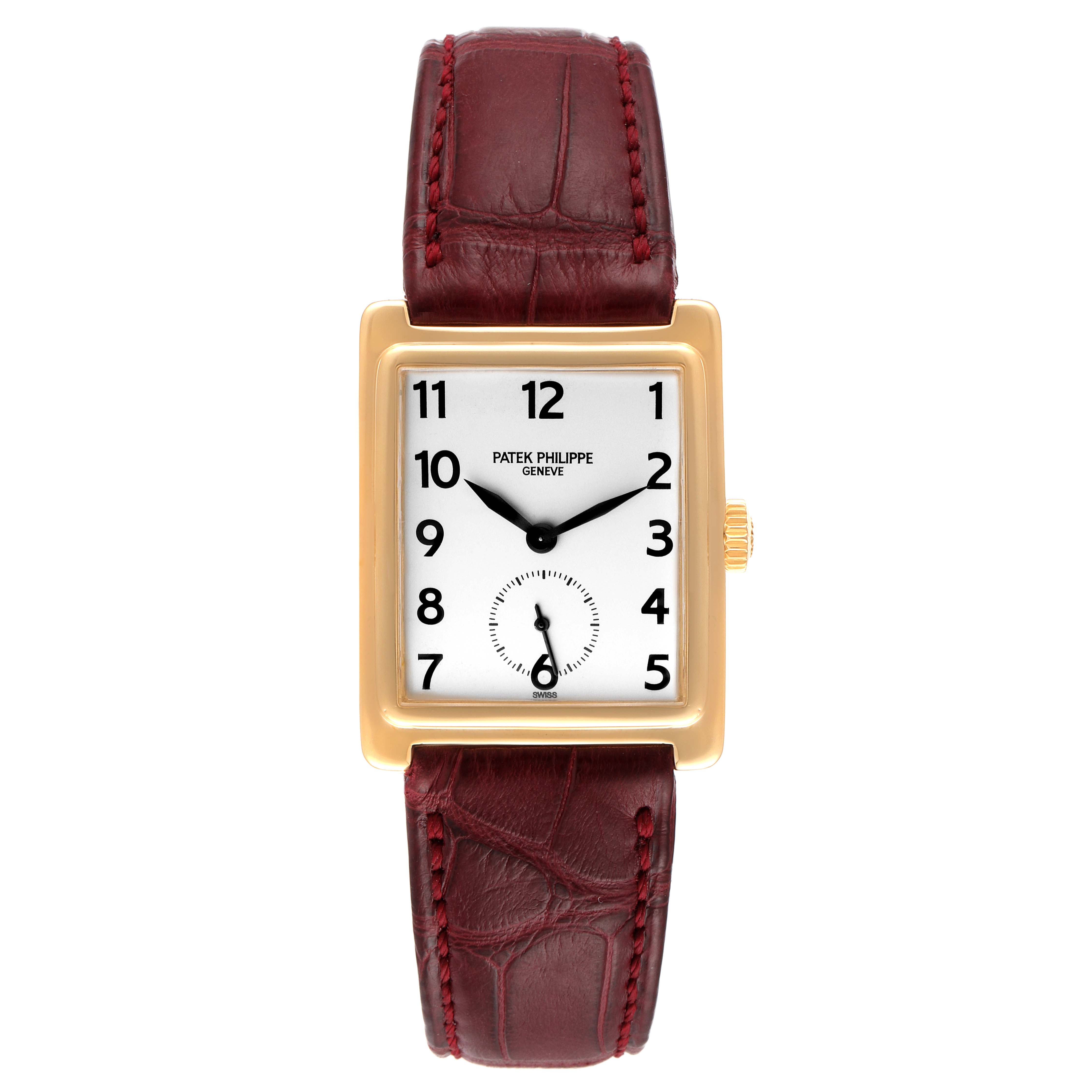 This image shows a front view of the Patek Philippe Gondolo 5010J Men's Yellow Gold Silver Dial 5010J Men's Yellow Gold Silver Dial watch, including its burgundy leather strap and rectangular gold case.