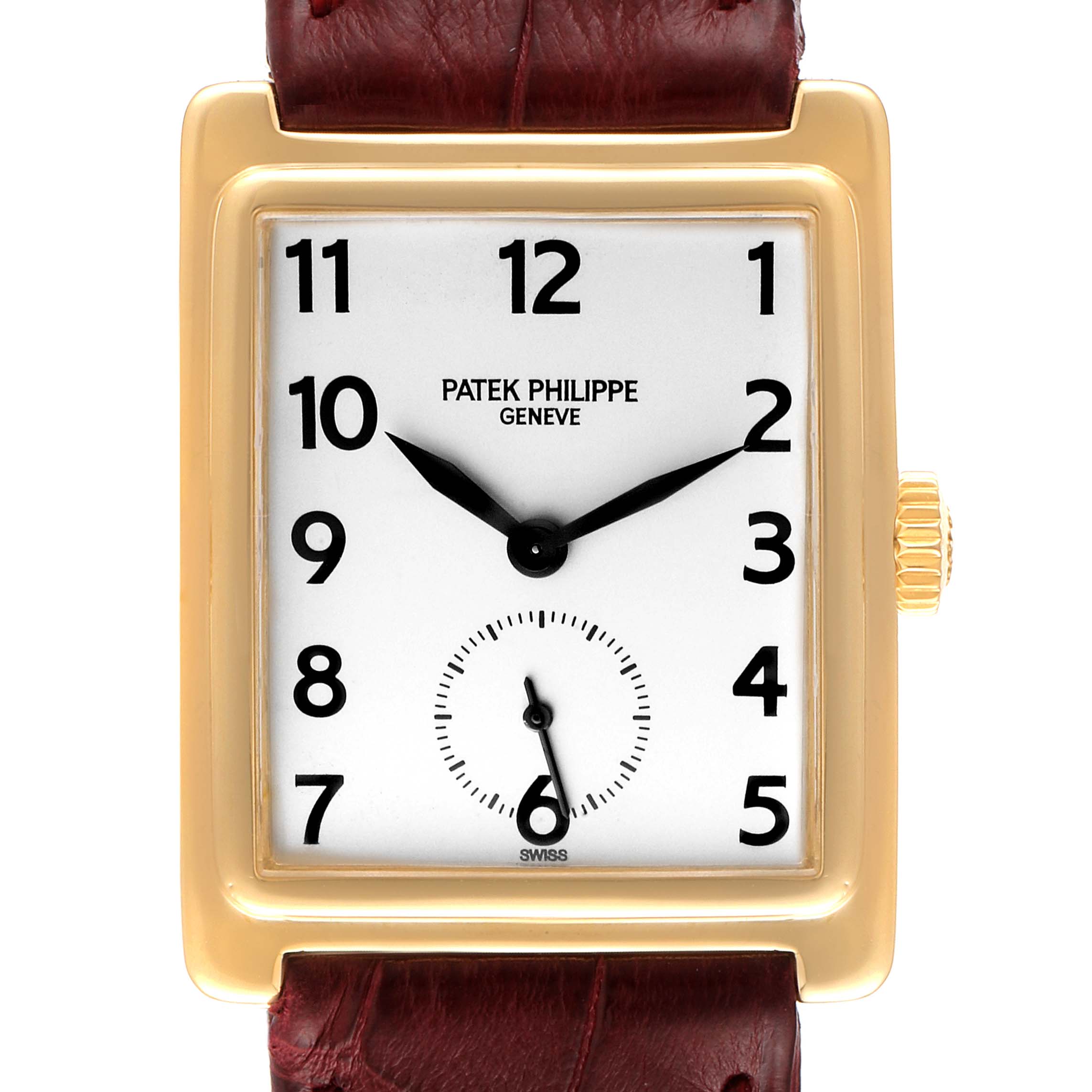 The image shows a front view of a Patek Philippe Gondolo 5010J Men's Yellow Gold Silver Dial 5010J Men's Yellow Gold Silver Dial watch, highlighting its rectangular face and leather strap.