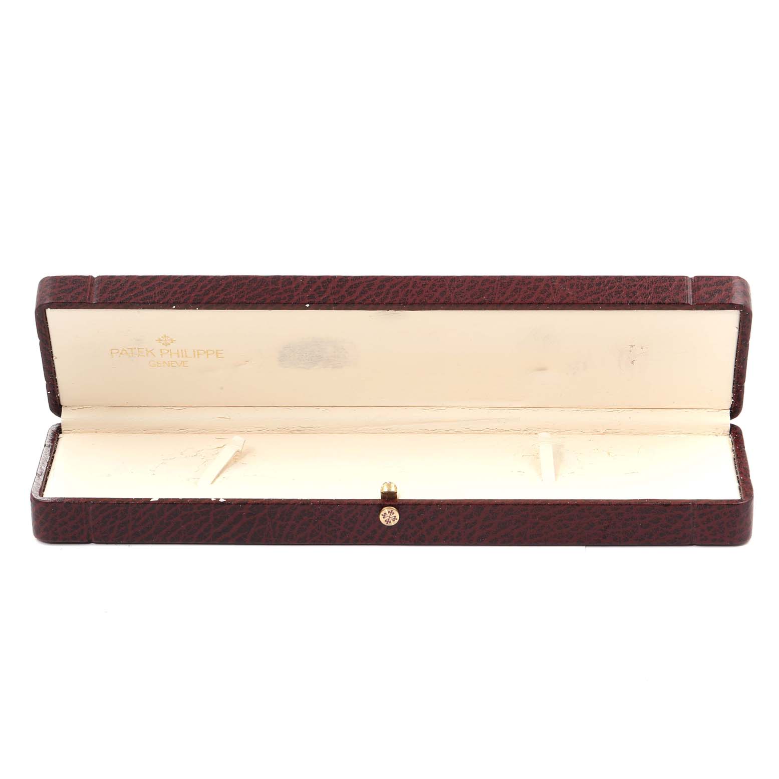 This image shows an open leather watch box for the Patek Philippe Gondolo 5010J Men's Yellow Gold Silver Dial 5010J Men's Yellow Gold Silver Dial model, featuring the brand's logo inside.