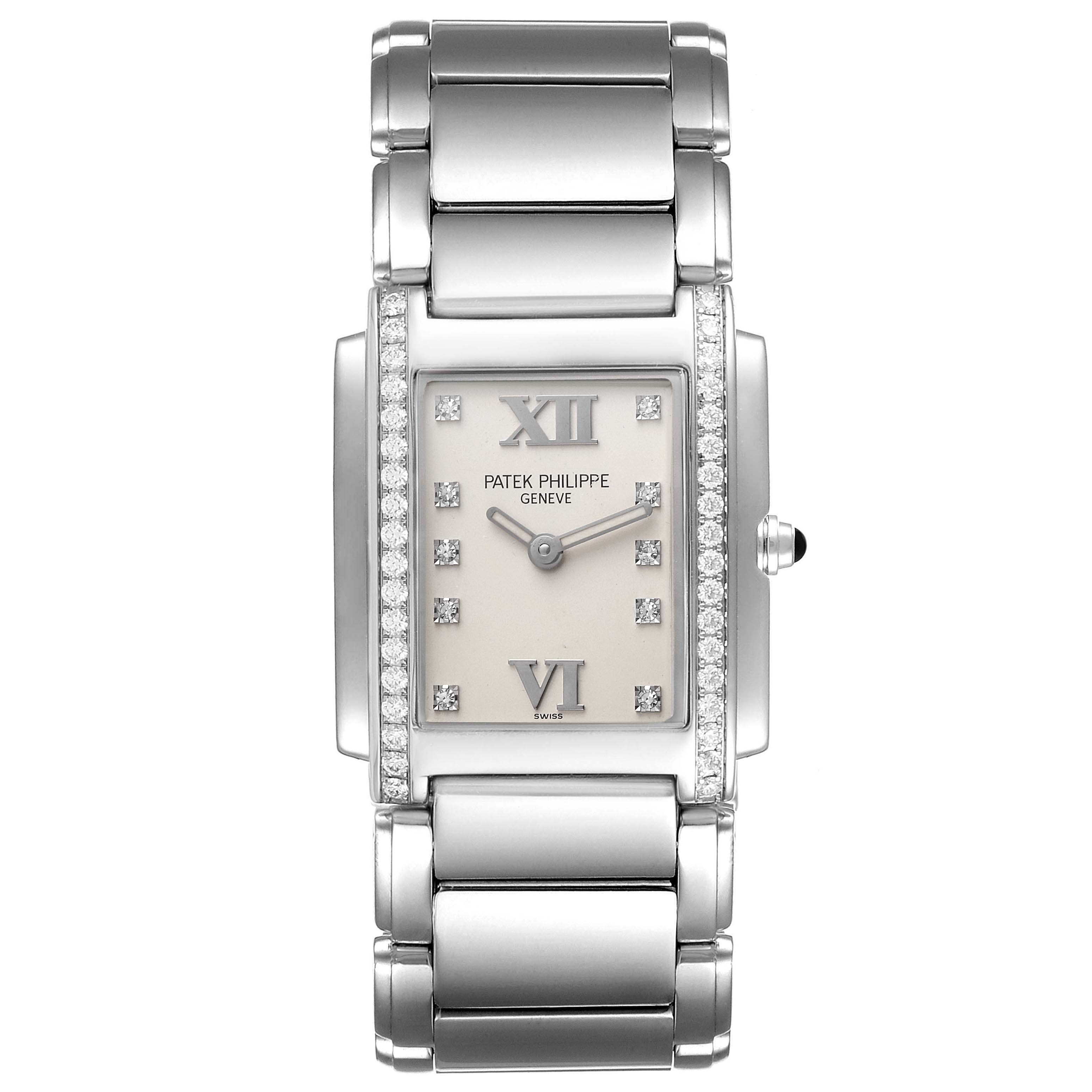 This image shows a front view of the Patek Philippe Twenty-4 4910/10A-010 Women's Stainless Steel Silver Dial 4910/10A-010 Women's Stainless Steel Silver Dial watch, highlighting its dial, bezel, and bracelet.