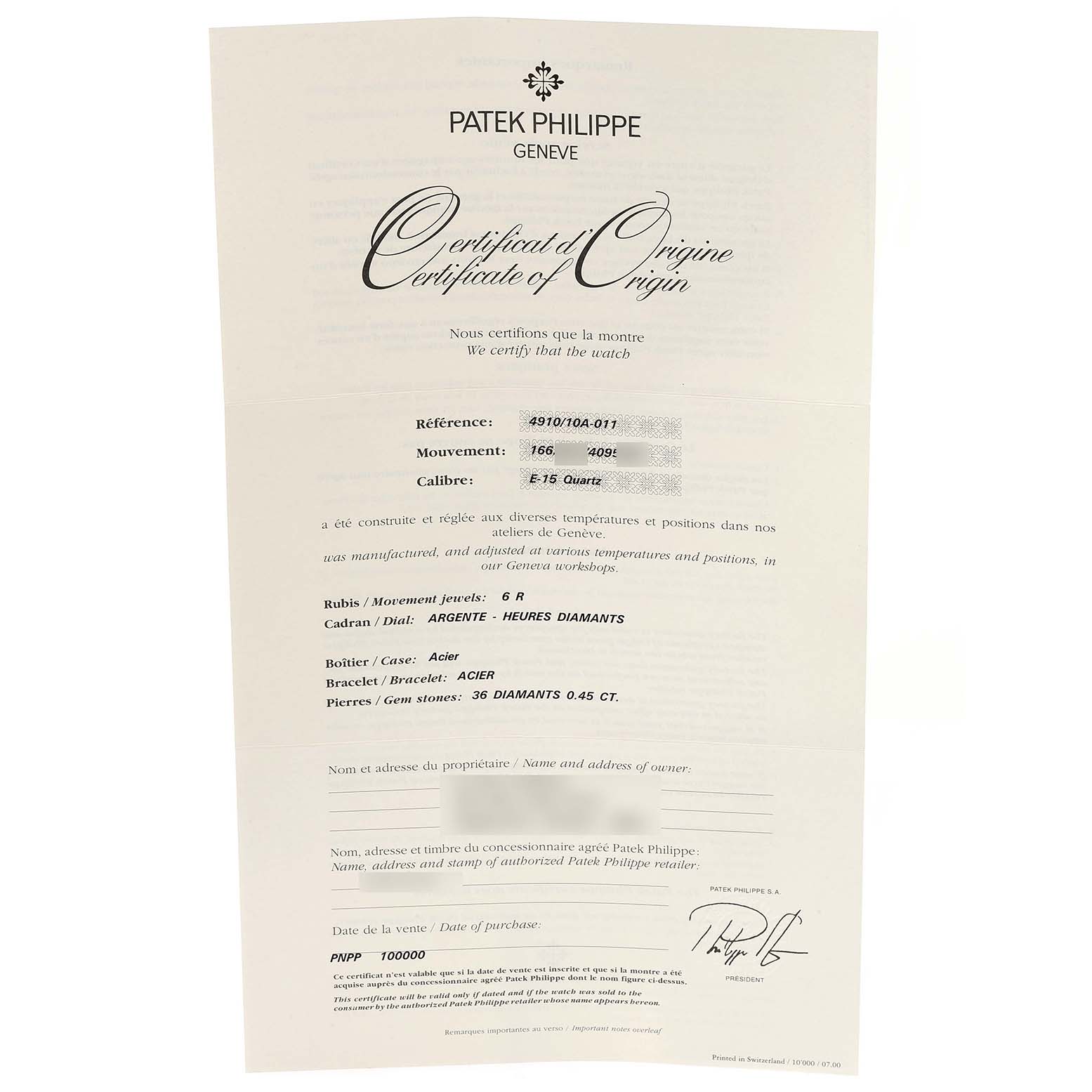 The image shows a Certificate of Origin for a Patek Philippe Twenty-4 4910/10A-010 Women's Stainless Steel Silver Dial 4910/10A-010 Women's Stainless Steel Silver Dial model, detailing specifications and ownership.