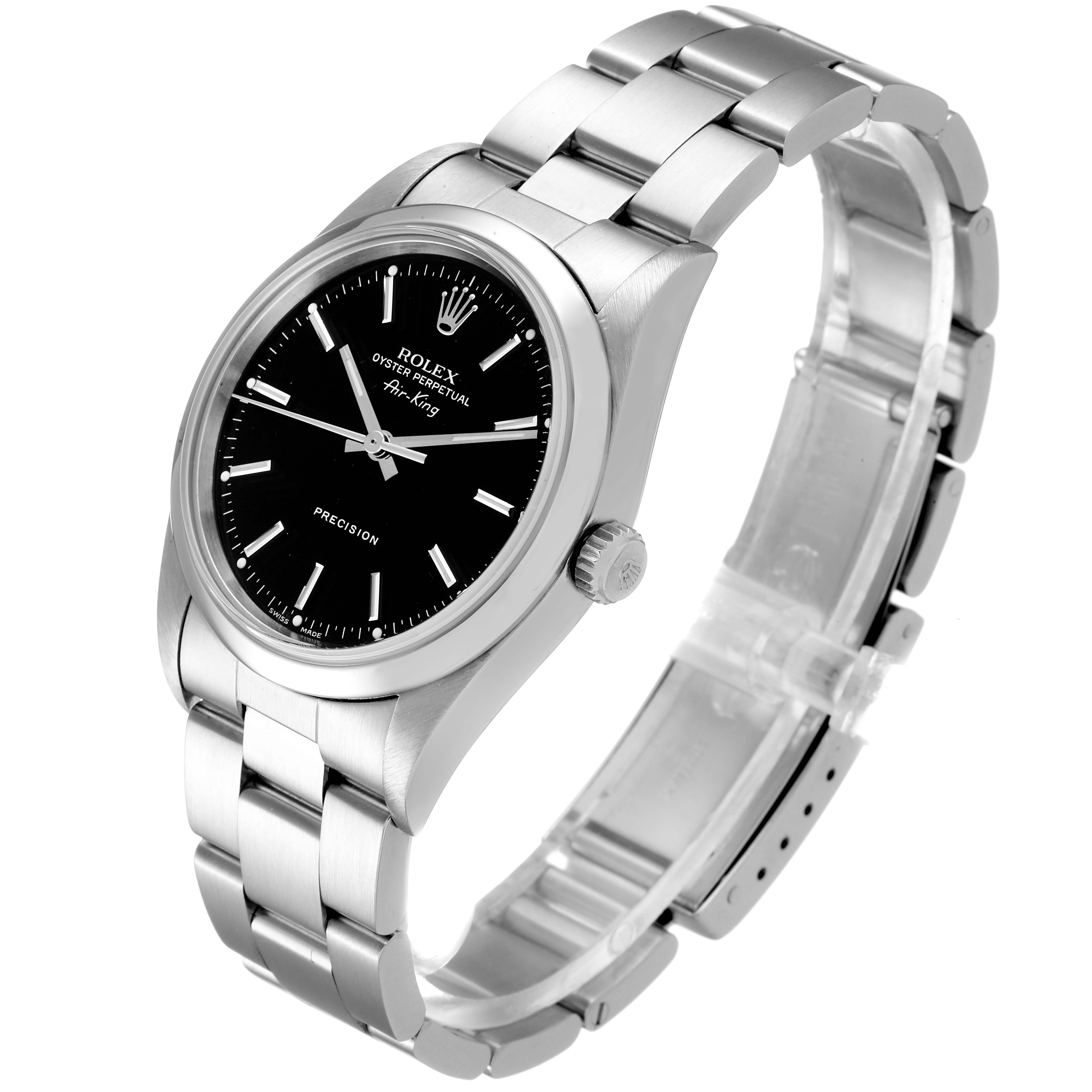 The image shows a Rolex Air-King 14000 Men's Stainless Steel Black Dial 14000 Men's Stainless Steel Black Dial watch at a slight angle, displaying its black dial, silver case, and stainless steel bracelet.