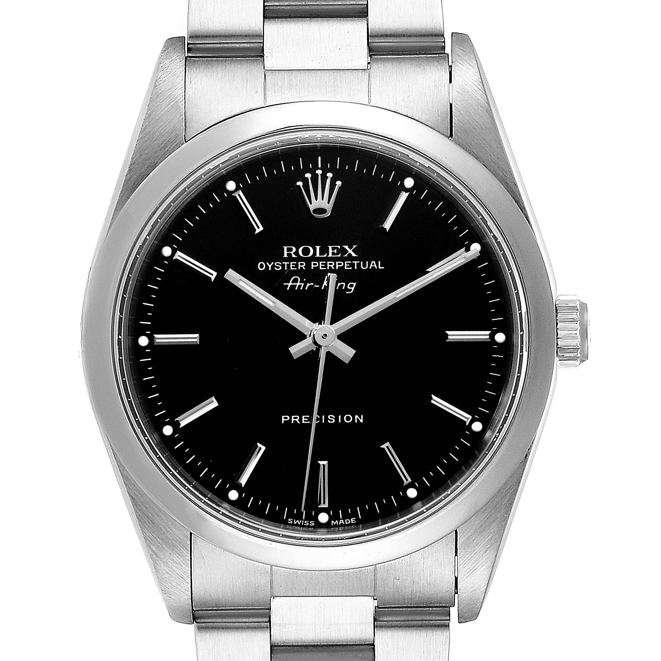 The watch shows the front view of a Rolex Air-King 14000 Men's Stainless Steel Black Dial 14000 Men's Stainless Steel Black Dial, displaying the black dial, hour markers, hands, and part of the bracelet.