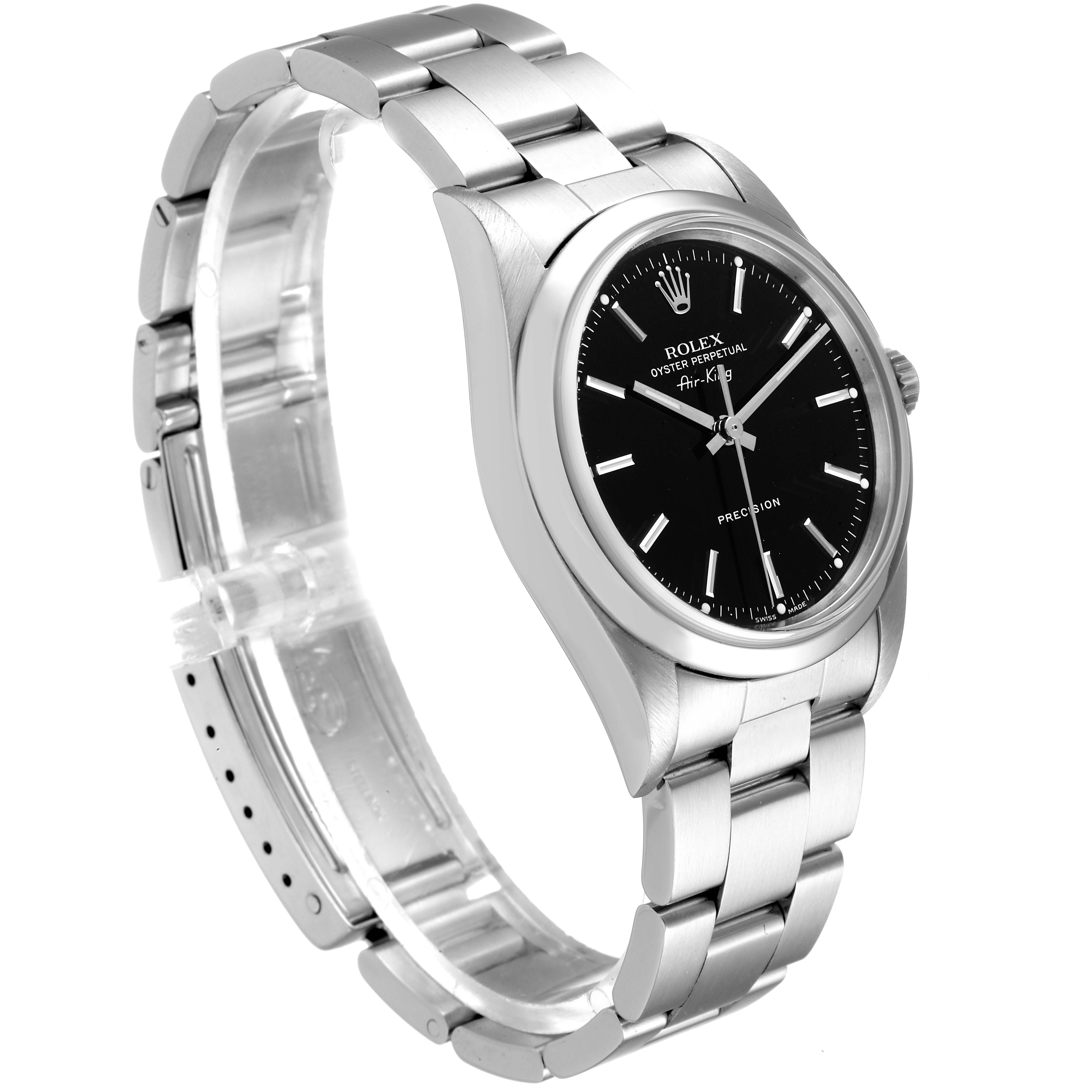 The image shows a side angle of the Rolex Air-King 14000 Men's Stainless Steel Black Dial 14000 Men's Stainless Steel Black Dial watch, highlighting its metal bracelet and black dial.