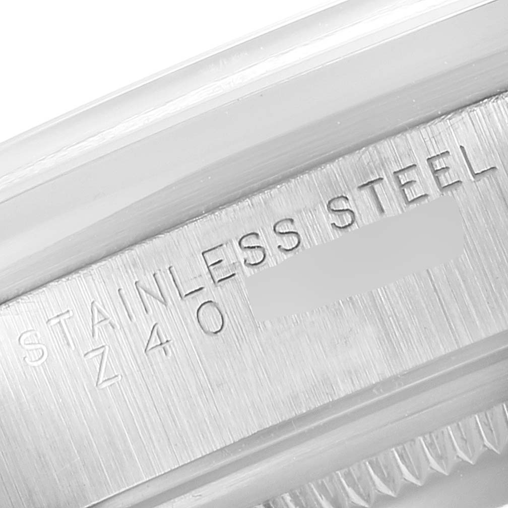 The image shows a close-up of the stainless steel casing and engraved details of the Rolex Air-King 14000 Men's Stainless Steel Black Dial 14000 Men's Stainless Steel Black Dial watch.