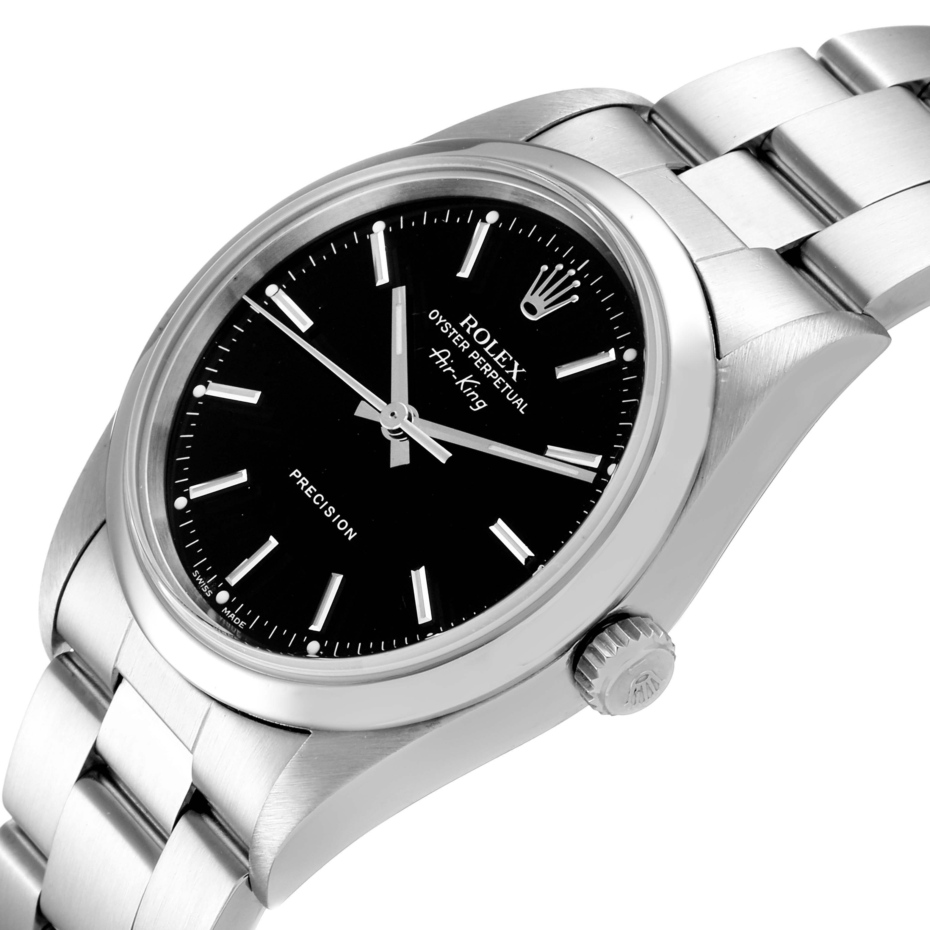 The image shows a tilted front view of a Rolex Air-King 14000 Men's Stainless Steel Black Dial 14000 Men's Stainless Steel Black Dial watch, highlighting the face, bezel, crown, and a portion of the bracelet.