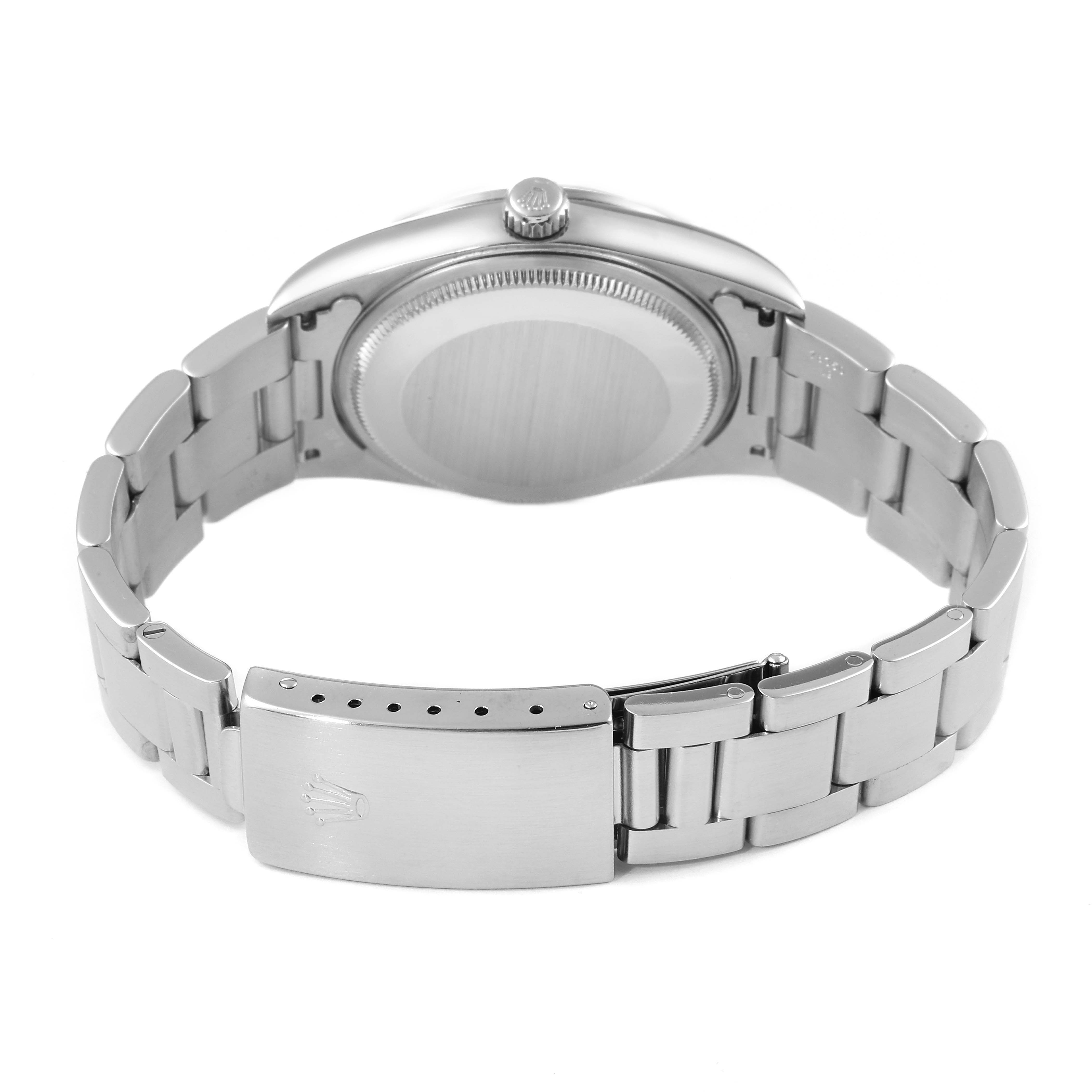 The image shows the back and clasp of the Rolex Air-King 14000 Men's Stainless Steel Black Dial 14000 Men's Stainless Steel Black Dial watch, highlighting the bracelet and case back at an angled view.