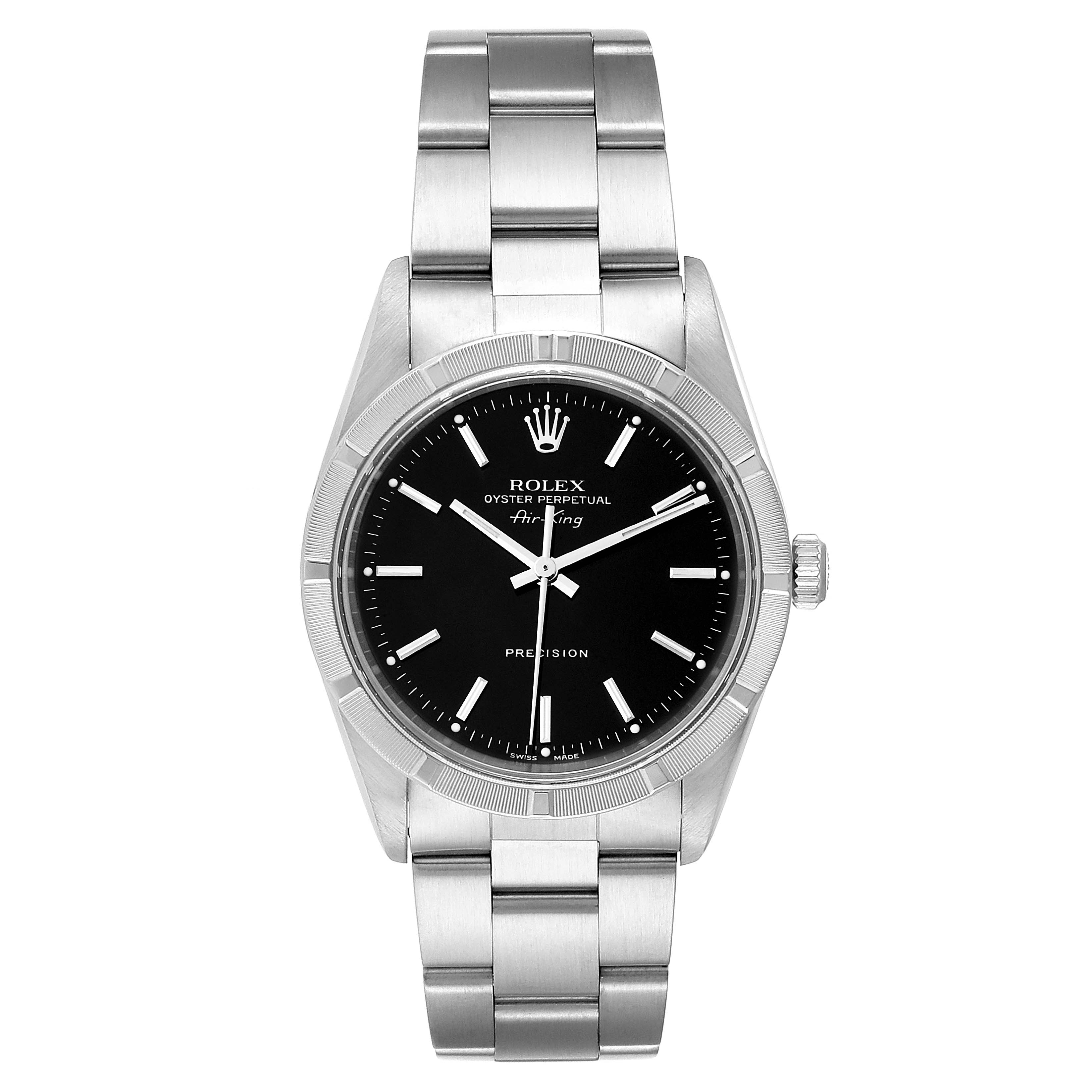 The image shows a front view of a Rolex Air-King 14010 Men's Stainless Steel Black Dial 14010 Men's Stainless Steel Black Dial watch, displaying its dial, case, and bracelet.