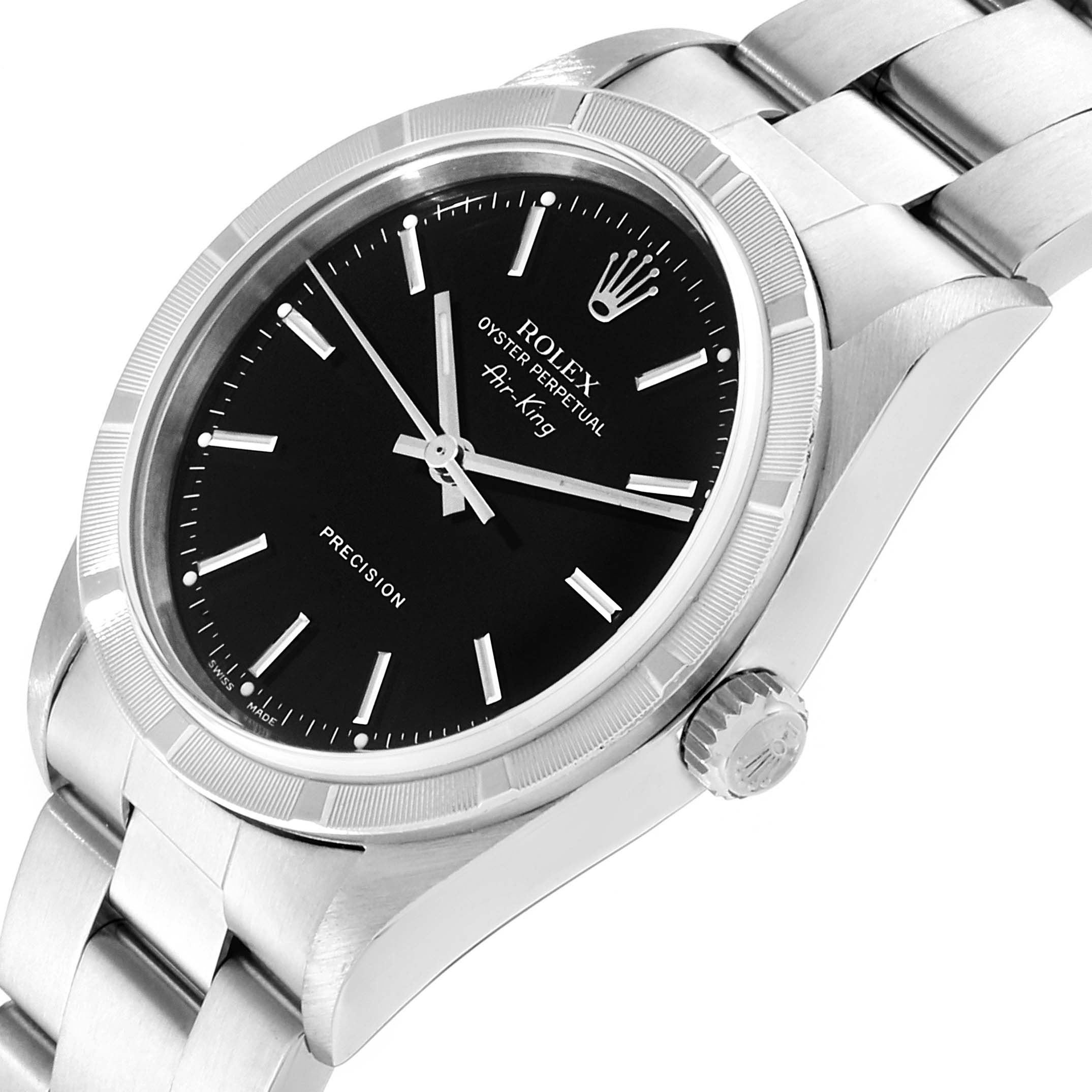 The image shows a side-angle view of the Rolex Air-King 14010 Men's Stainless Steel Black Dial 14010 Men's Stainless Steel Black Dial watch, displaying the face, bezel, crown, and part of the bracelet.