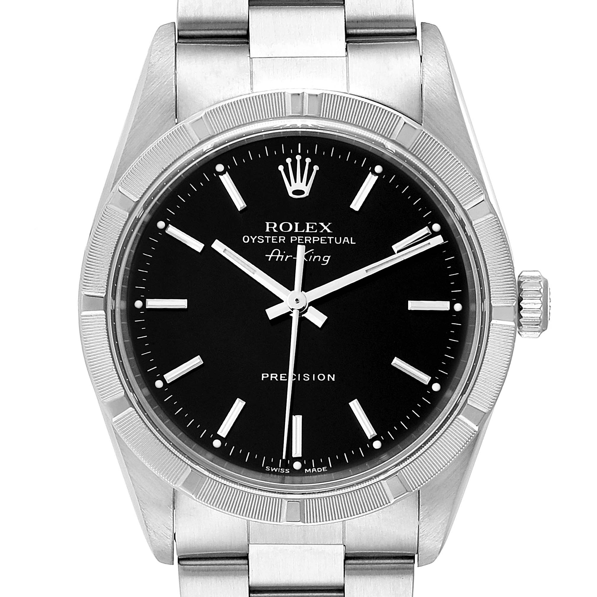The image shows a front view of the Rolex Air-King 14010 Men's Stainless Steel Black Dial 14010 Men's Stainless Steel Black Dial watch, highlighting its black dial, hour markers, and stainless steel case.